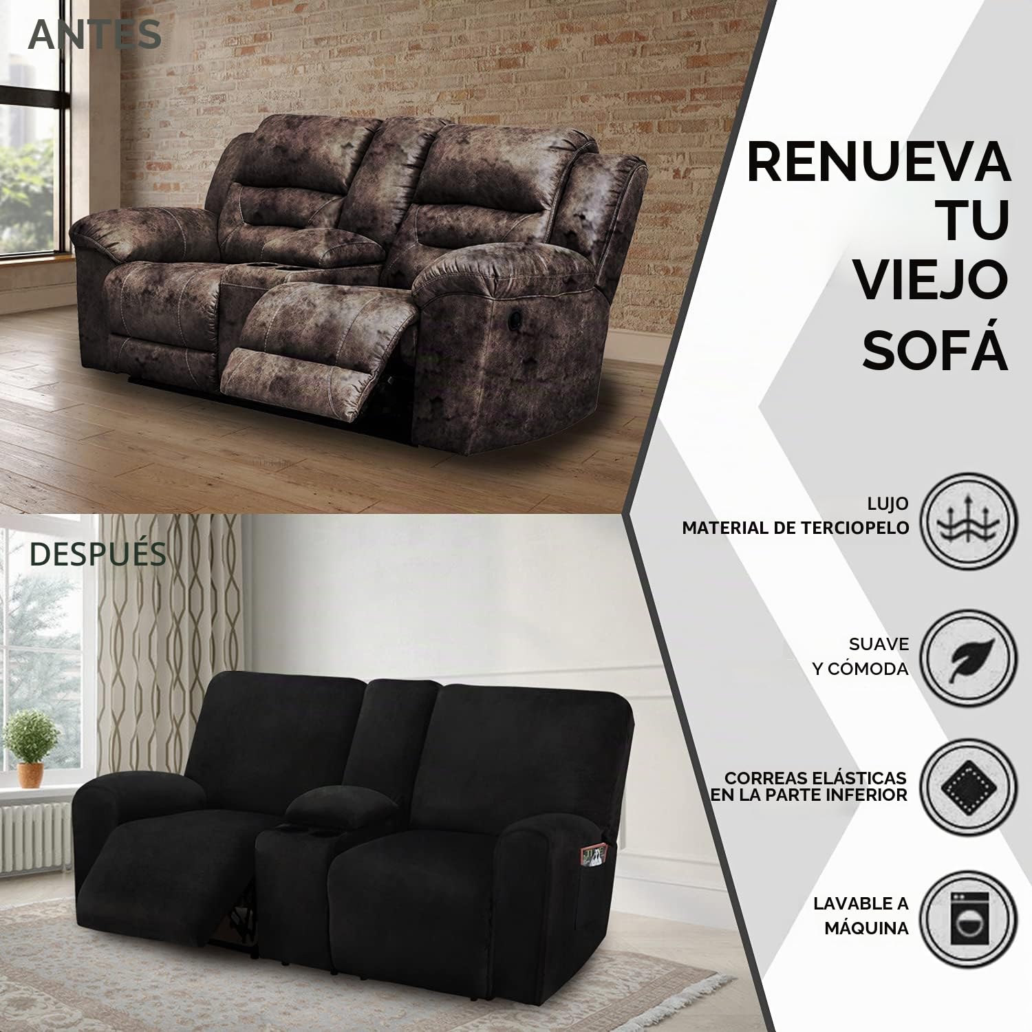 ULTICOR Sofá biplaza reclinable con Funda de Consola Central, 8 Piezas de Terciopelo elástico, Fundas de sofá reclinable, Grueso, Suave, Lavable (Negro)