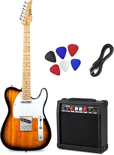 LyxPro - Kit de guitarra eléctrica Telecaster de 39 pulgadas, amplificador de 20 vatios con altavoz, cuerpo sólido de tamaño completo, mástil en