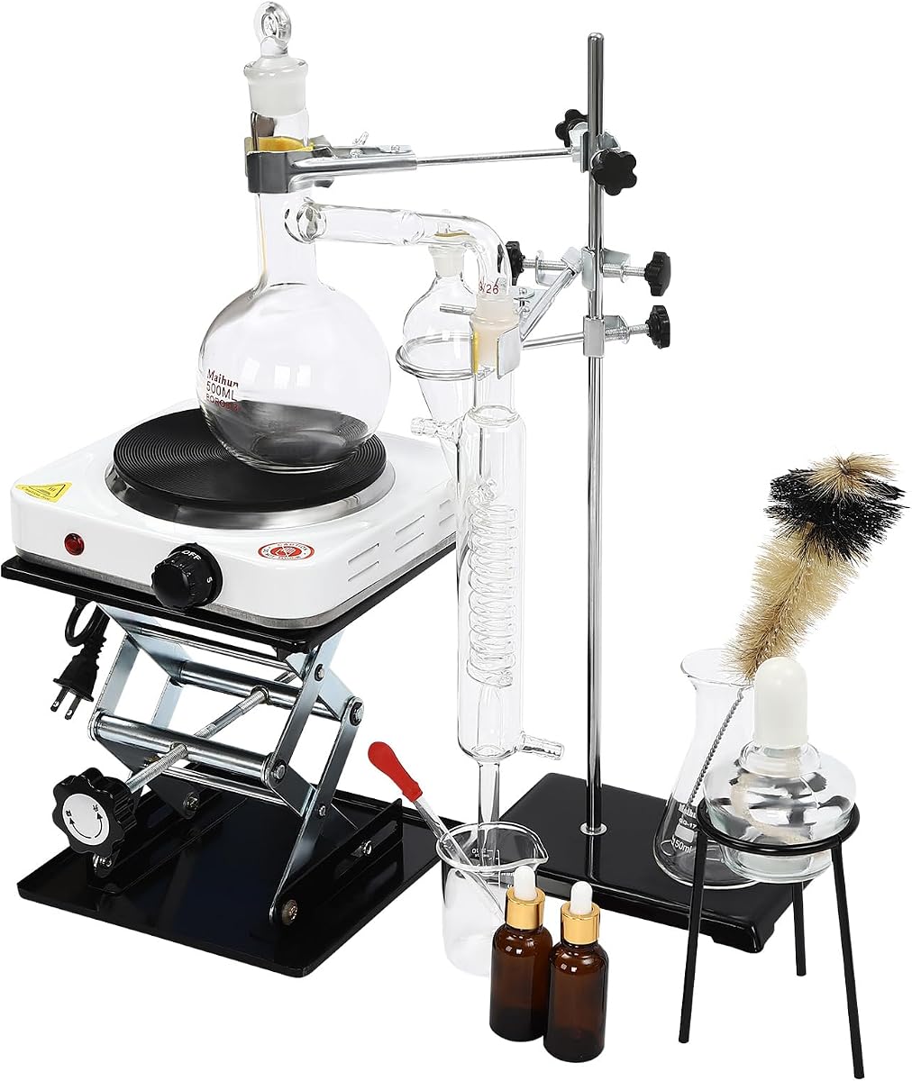 Essential Oil Distillation Equipment, Distillation Apparatus for Home Glass Steam Distillation Apparatus Kit, Professional 500/1000ML 1000W Lab Glassware Equipment for Distillation (500ml)
