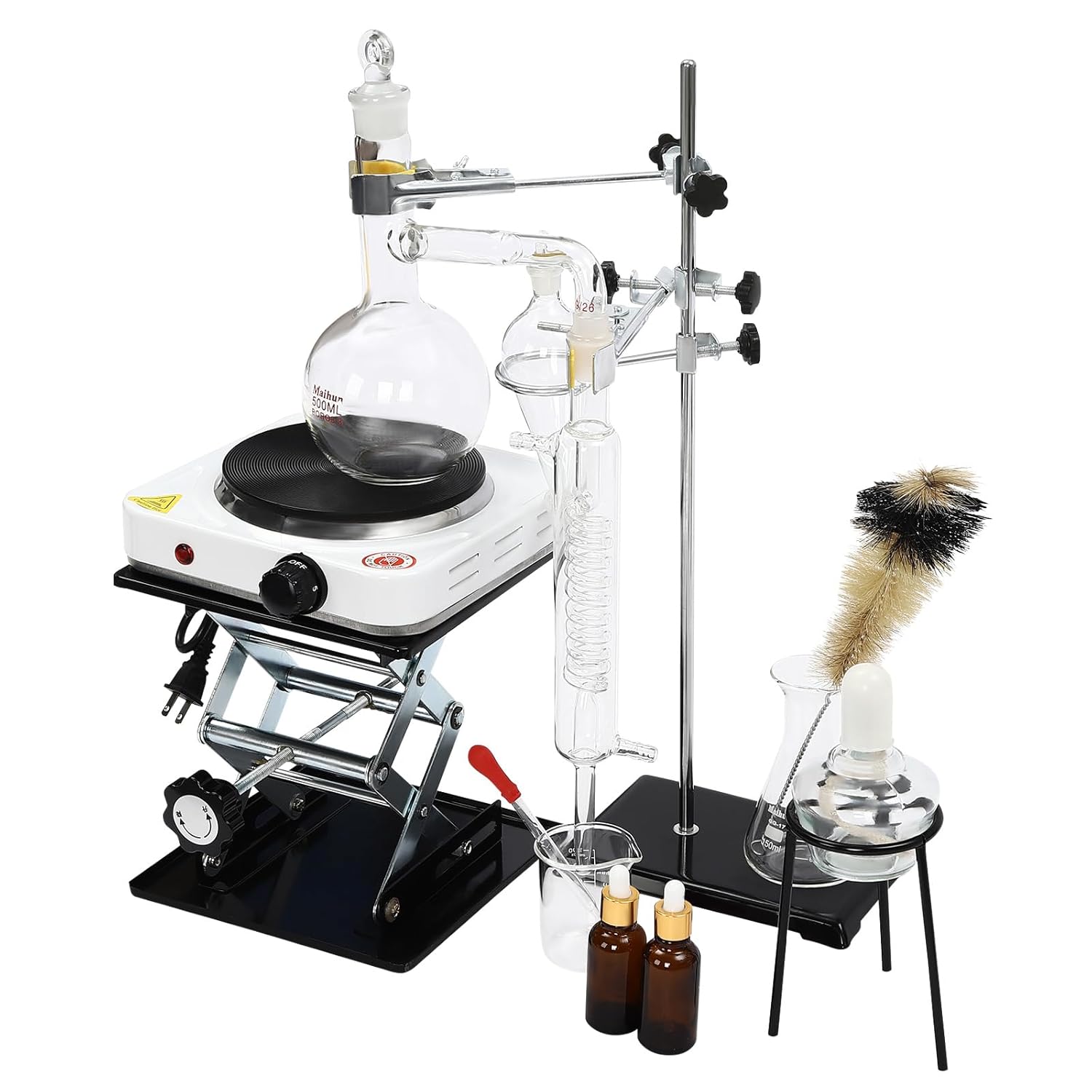 Essential Oil Distillation Equipment, Distillation Apparatus for Home Glass Steam Distillation Apparatus Kit, Professional 500/1000ML 1000W Lab Glassware Equipment for Distillation (500ml)