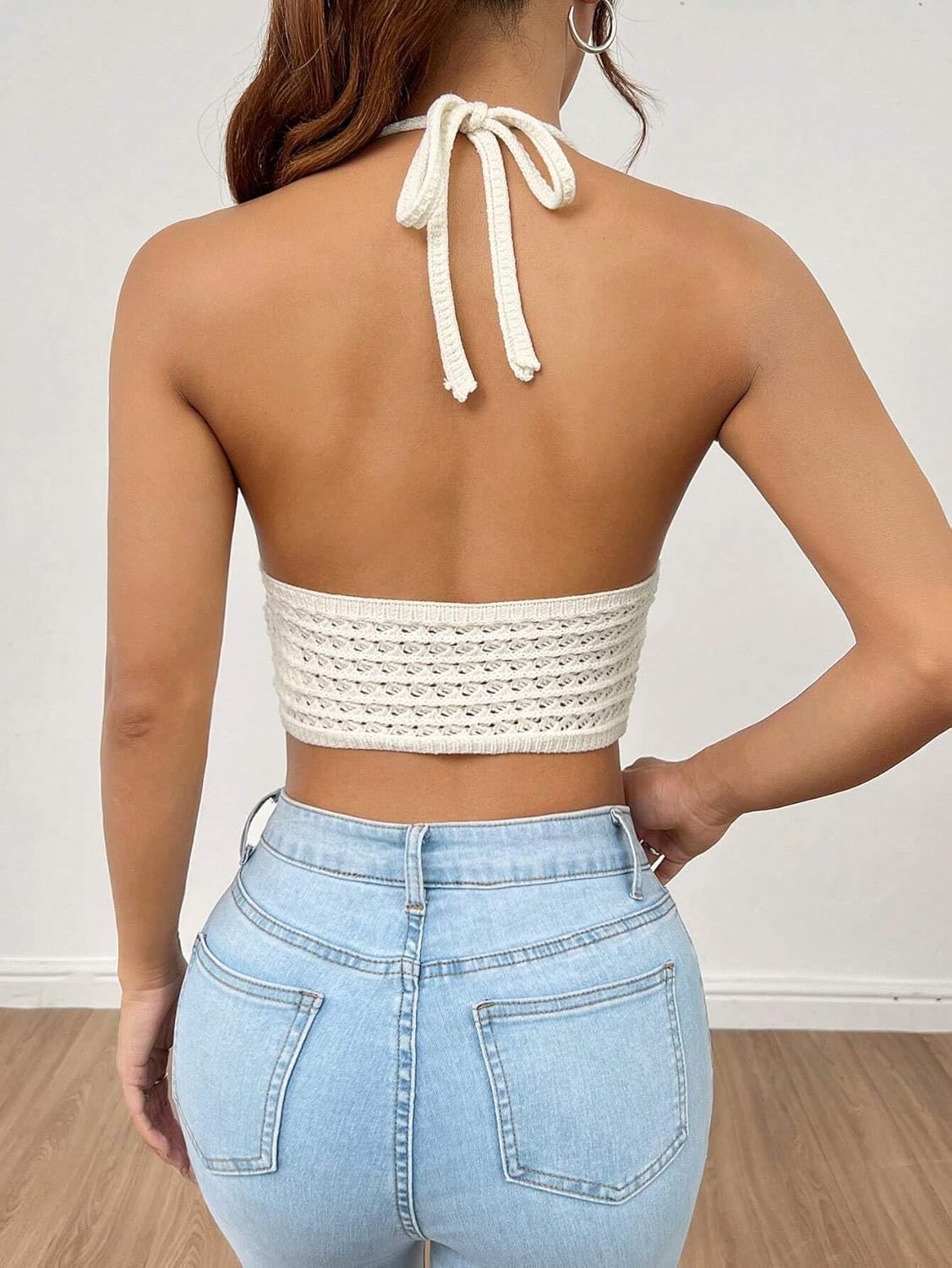 Women Sexy Hollow Out Crochet Crop Halter Tops Y2K Knitted V Neck Sleeveless Backless Lace Up Crop Cami Tank Beachwear - Image 3