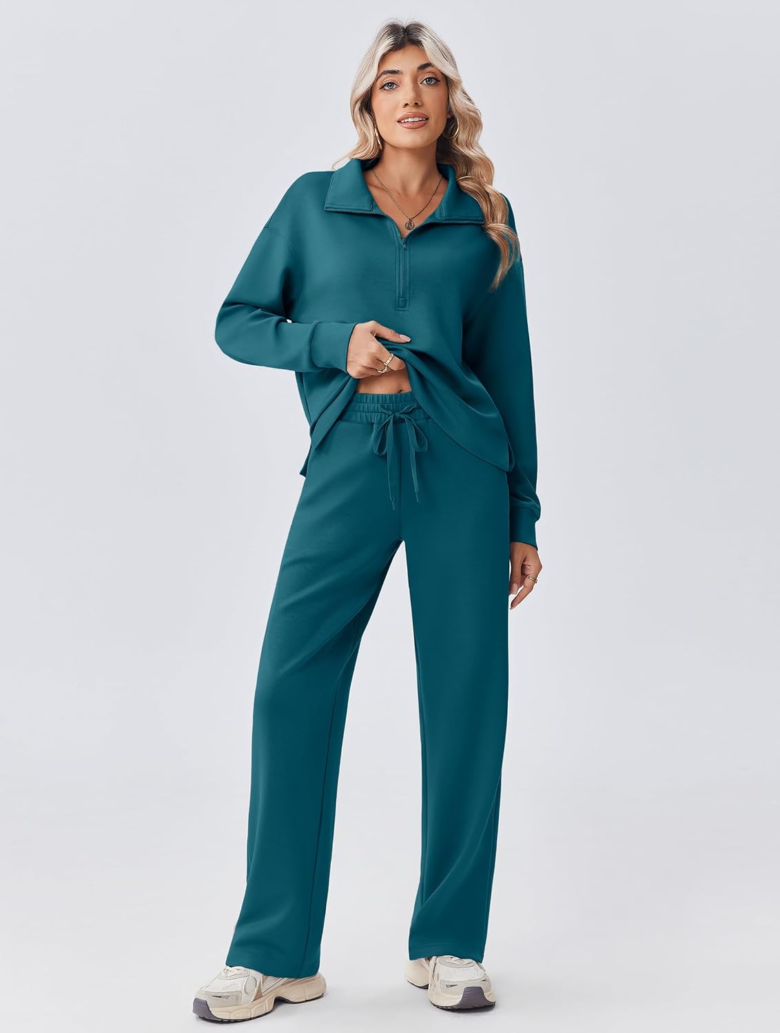 PINSPARK 2 Piece Sets for Women 1/2 Zip Sweatsuit Loose Fit Sweatshirt Straight Leg Pants 2025 Matching Outfit Fall Tracksuit - Image 3