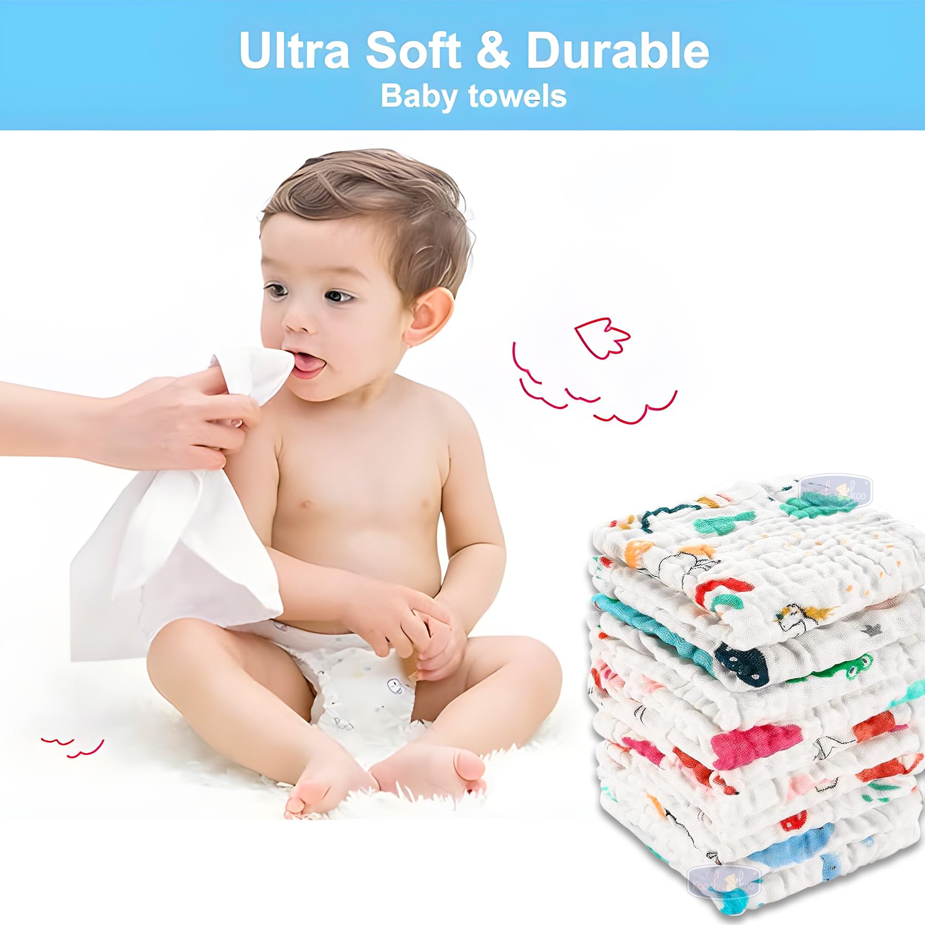 Koochie-Koo Soft Muslin Cloth for New Born Baby 500 GSM | 30x30 cm, Pack of 5 | Gentle Baby Towels Newborn | Premium Bath Towels for Delicate Skin | Gift for New Parents Fabric - Image 8 thumbnail