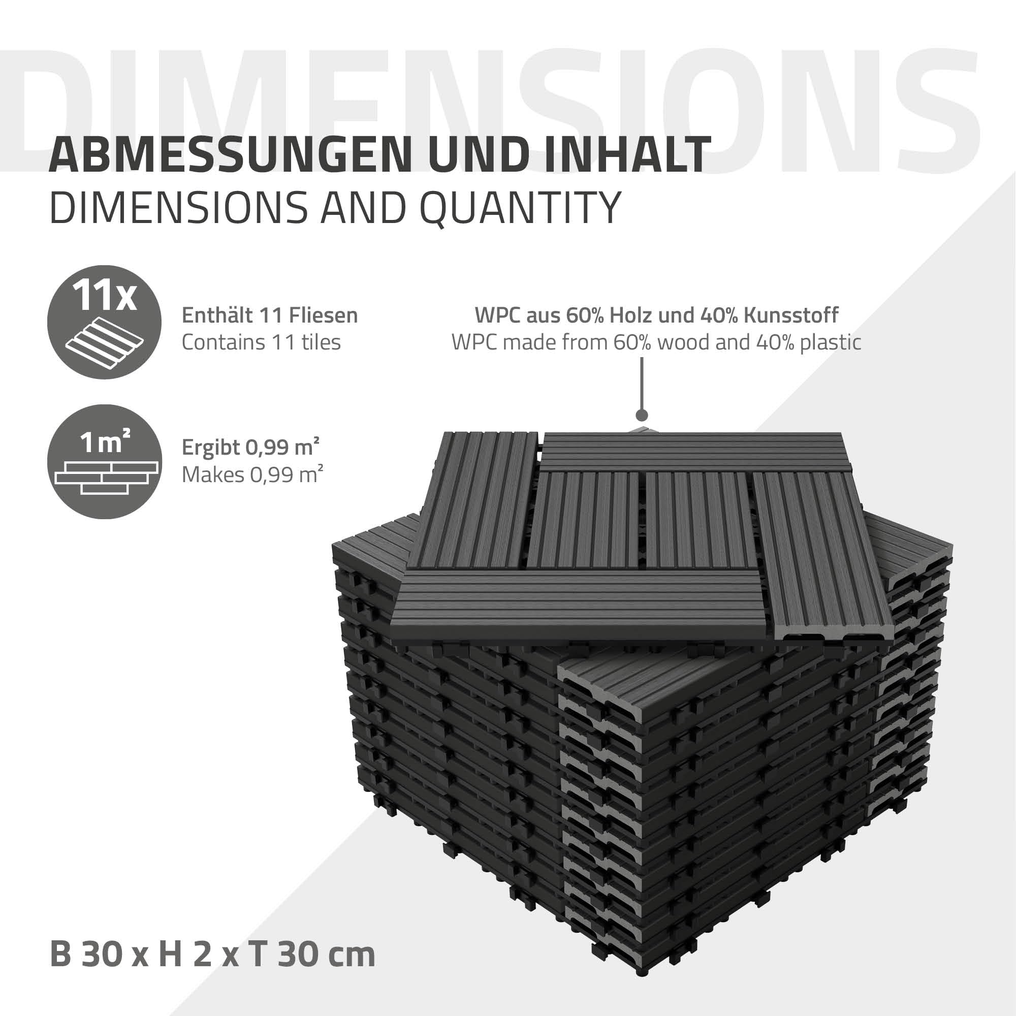 ECD Germany Dalles Terrasse Clipsables WPC 30x30 cm/11 pièces=1m² Anthracite Mosaïque Aspect Bois Carreaux avec Système à Clic et Drainage Revêtement de Sol Carrelage Lames Patio Jardin Extérieur