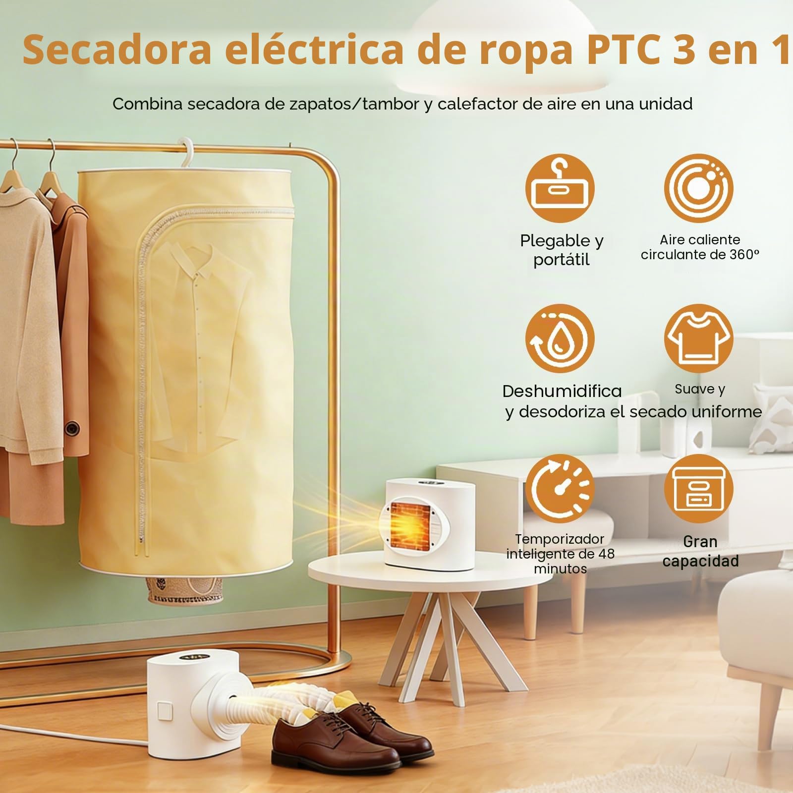 Secador de ropa 3 en 1 con calefacción PTC – Secadora de zapatos y secadora de ropa y calefactor | 600 W con aire caliente 360° | Capacidad de hasta 10 kg | Incluye bolsa seca y mando a distancia