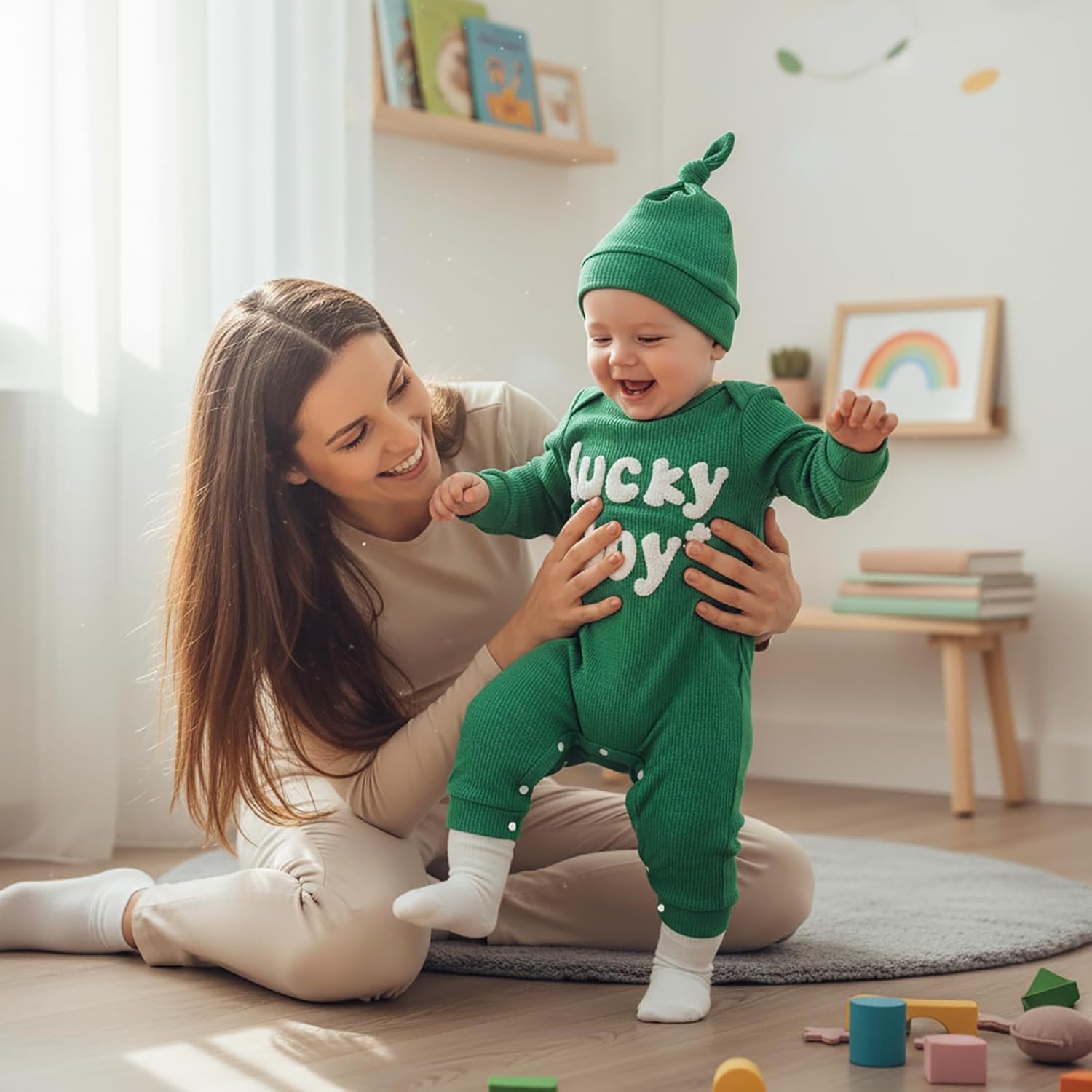 Newborn Baby Boy St Patricks Day Outfit Lucky Boy Clover Embroidered Romper Waffle Long Sleeve Jumpsuit with Hat Set - Image 3