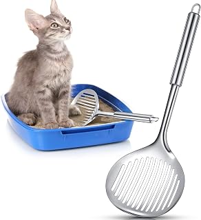 Meanplan 2-Pack Stainless Steel Cat Litter Scoop - Long Handle Metal Poop Sifter for Easy Kitty Litter Box Cleaning
