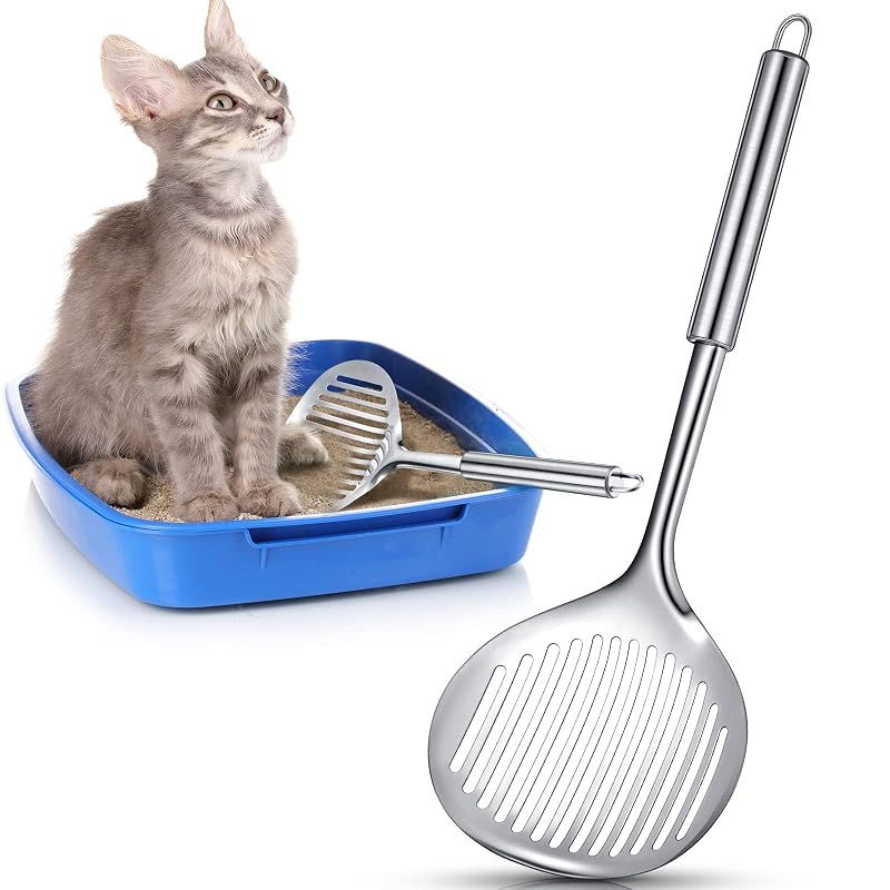 Pás para Caixa de Areia de Gatos em Aço Inoxidável Meanplan com Cabo Longo e Furo para Pendurar, Pacote com 2