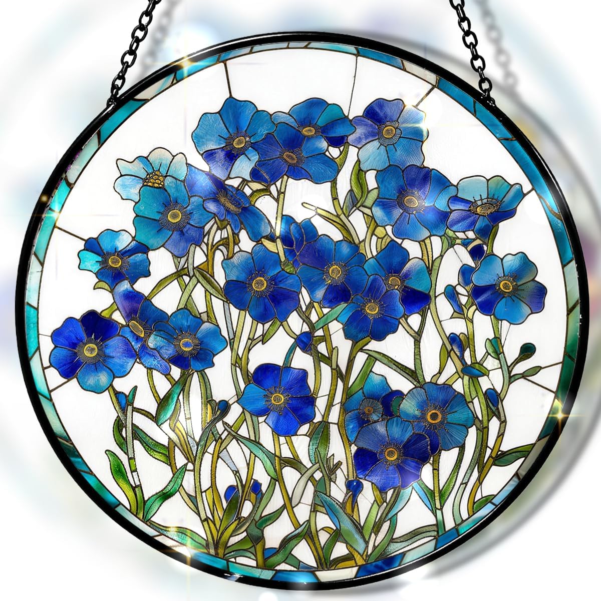 Greatingreat Forget Me Not Stained Glass Window Hanging, Home Room Decor 7.8 Inch Sun Catchers Indoor Window, Whimsical Decor Birthday Gifts for Women, Floral Lover Suncatcher
