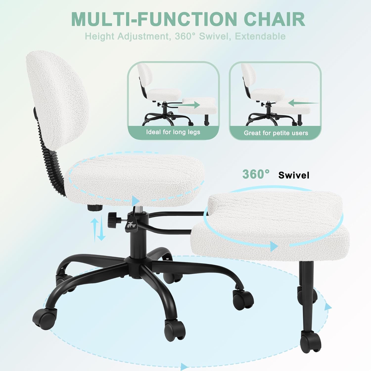 GUNJI Ergonomic Criss Cross Legged Office Chair, 360° Swivel Meditation Kneeling Chair with Wheels, ADHD Chair with Footrest, Lumbar Support, Wider Height Adjustable Seat (White, Teddy Fleece)