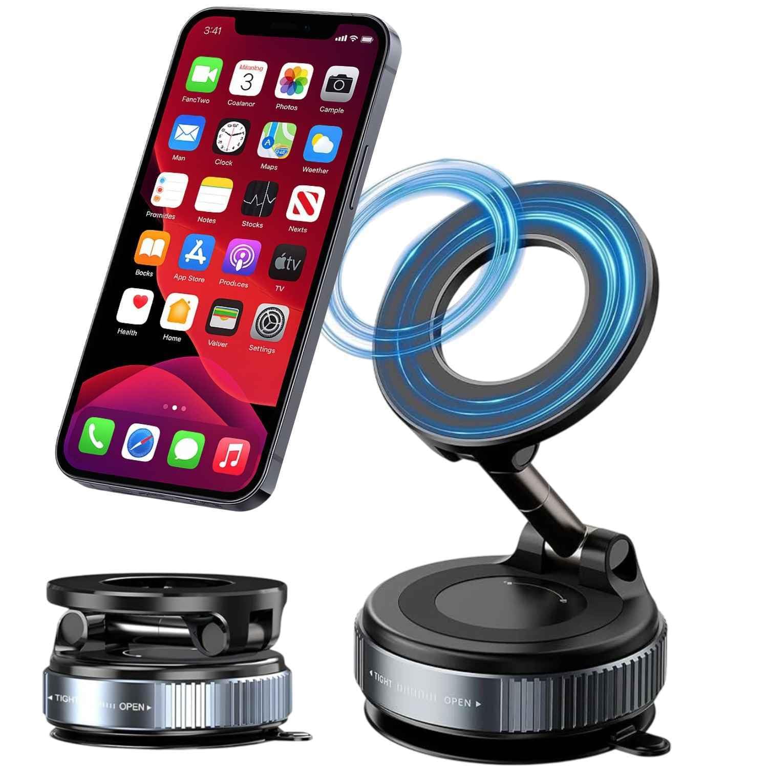 Elfora 360° Magnetic Car Dashboard Phone Holder | Ultra Strong Vacuum Suction | MagSafe Adjustable Mount for Car, Mirror, Gym | Compatible for iPhone 16/15/14/13/12 & All Other Android Phones (Black)
