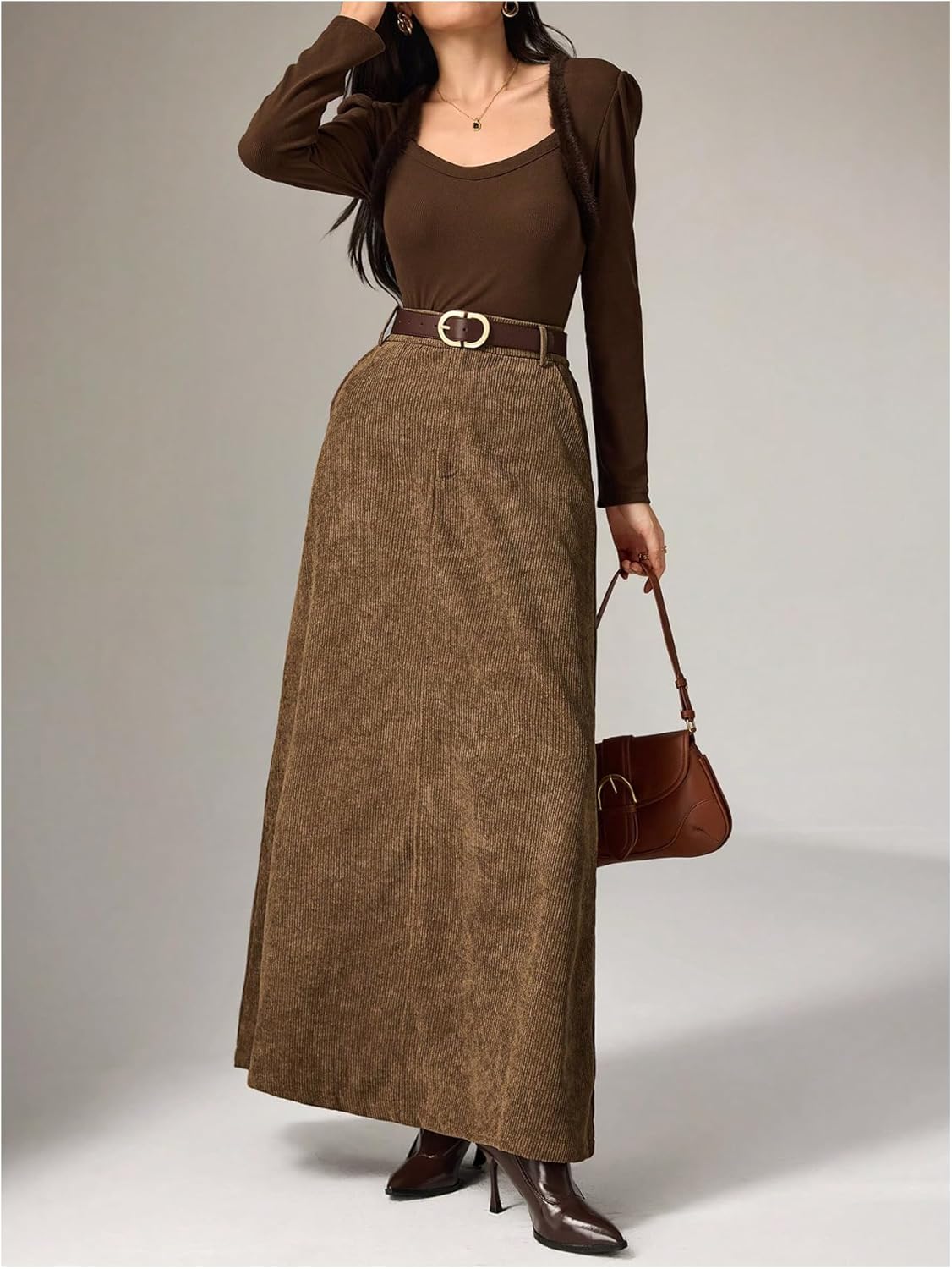 MakeMeChic Women's Business Casual Corduroy Skirt High Waisted Zip Up A Line Maxi Skirts - Image 5