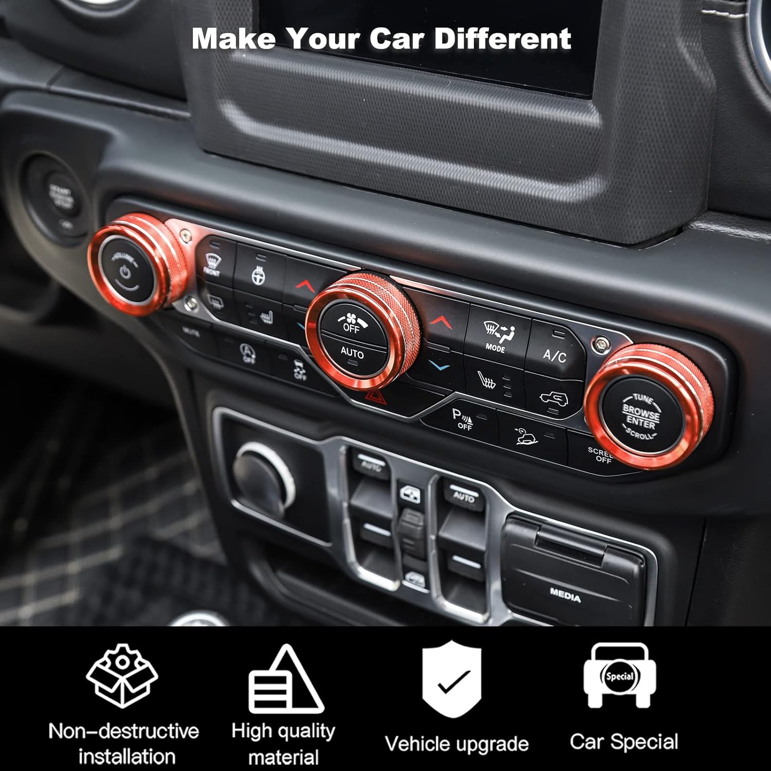 Center Console Air Conditioner Switch Knob Trim Cover Headlight Knob Trim Cover Aluminum Alloy Interior Accessories for Jeep Wrangler JL JLU & Gladiator JT 2018-2024,Orange