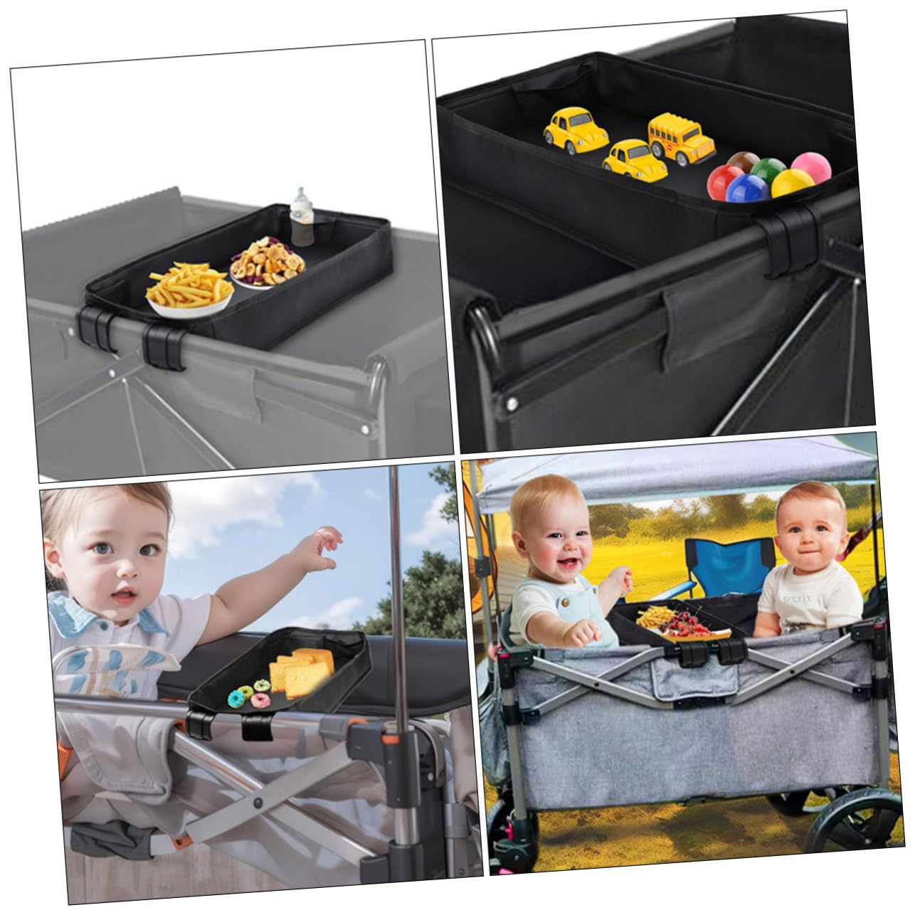 Plateau de Poussette à Clipser Noir Xl en Toile pour Bébé | Porte-tablette et Porte-téléphone, Réglage sur Poignée, Format Portable et Léger