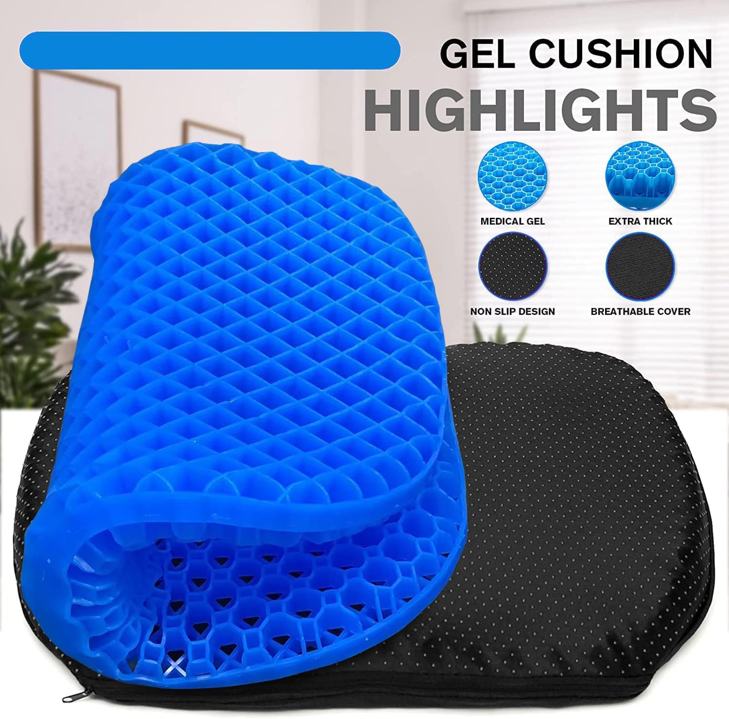 Gel Seat Cushion for Long Sitting, Breathable Honeycomb Design, Pressure Relief for Back, Sciatica, Tailbone Pain - Office Chair Cushion, Wheelchair Cushion, Car Seat Cushion, Chair Pad