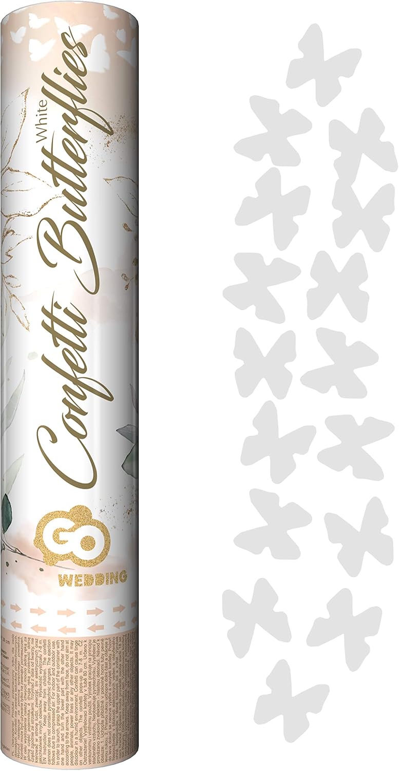 Confetti Cannon with Butterfly Confetti 30cm Tube with Paper Confetti Shooter and Party Popper, Ideal for Wedding at Registry Office or Church, Birthday, Engagement, Anniversary