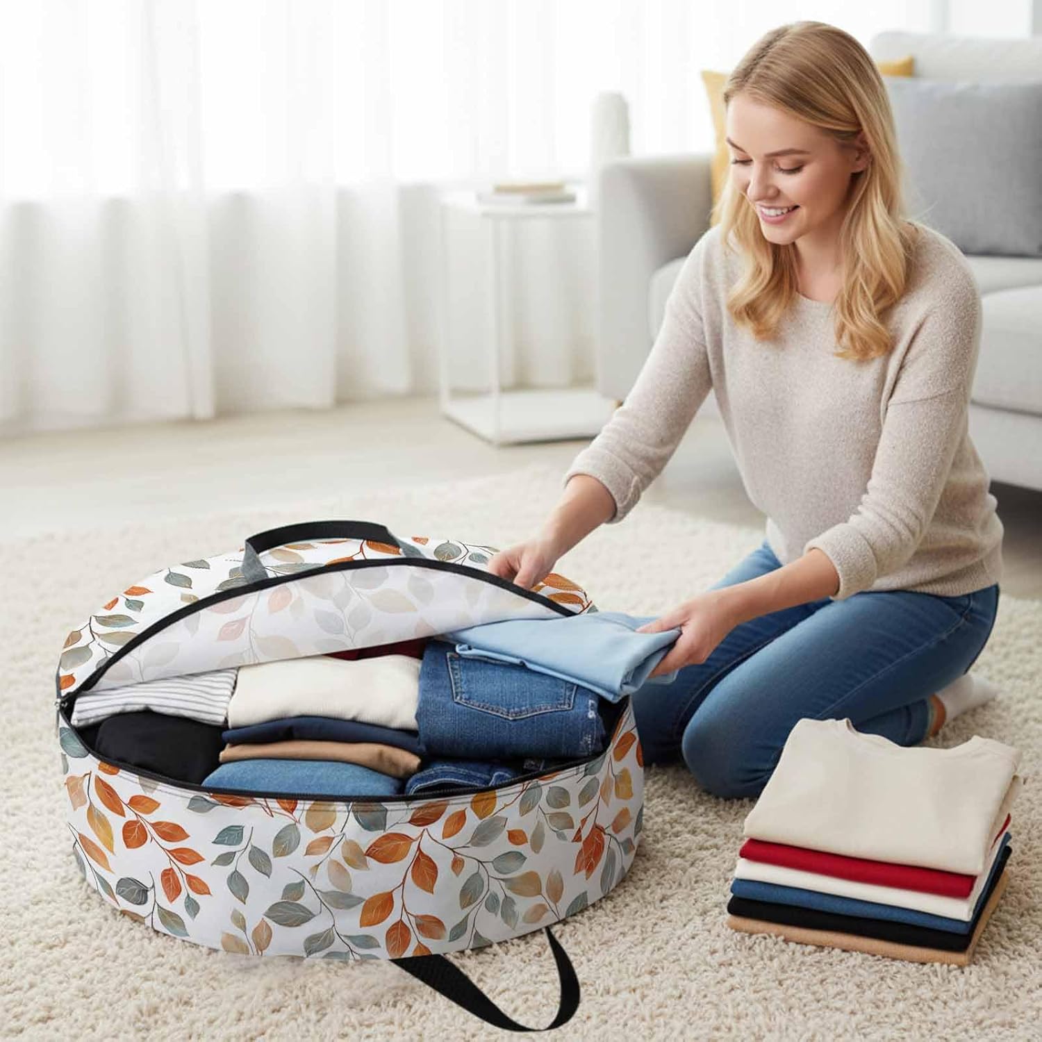 Spring Fall Leaf Round Storage Bag 36 Inch, Orange Watercolor Leaves Spring Plant Clothes Storage Container with Handles Heavy Duty Organizer for Comforter, Bedding & Holiday Wreaths