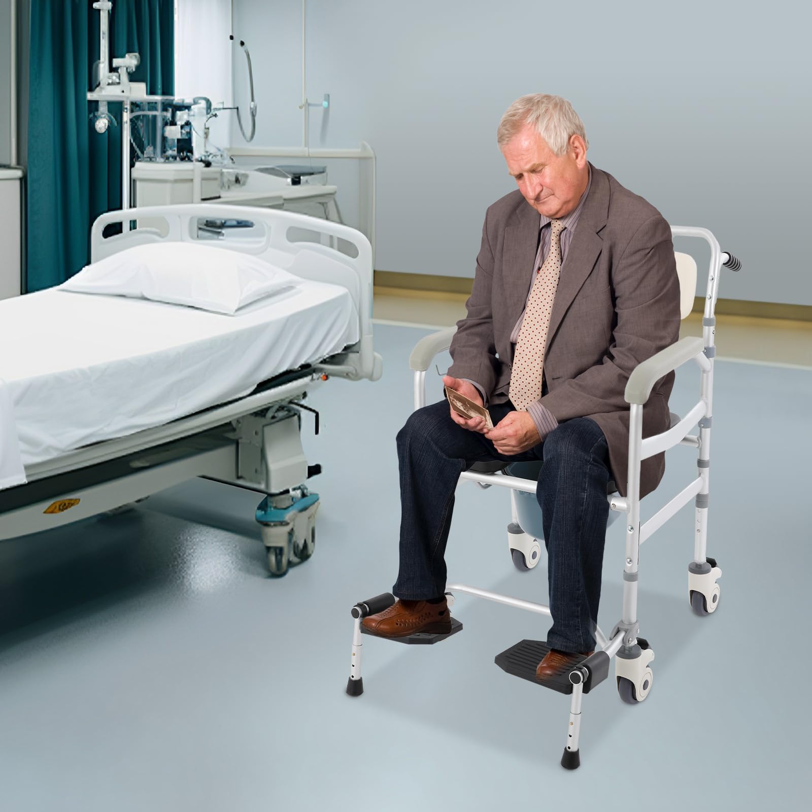 Silla de inodoro con ruedas y cubo, silla de ducha 3 en 1 y silla de aseo regulable en altura, silla de ruedas móvil para personas mayores y discapacitados, asas antideslizantes y 4 frenos, 172 kg