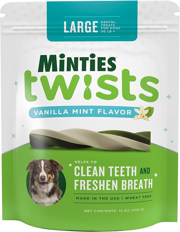 Minties Twists VetIQ Dog Dental Bone Treats, Dental Chews for Medium/Large Dogs (Over 40 Lbs), 20 Count | Twisted, pliable dental chew with real peppermint & parsley; removes plaque, tartar & bad breath