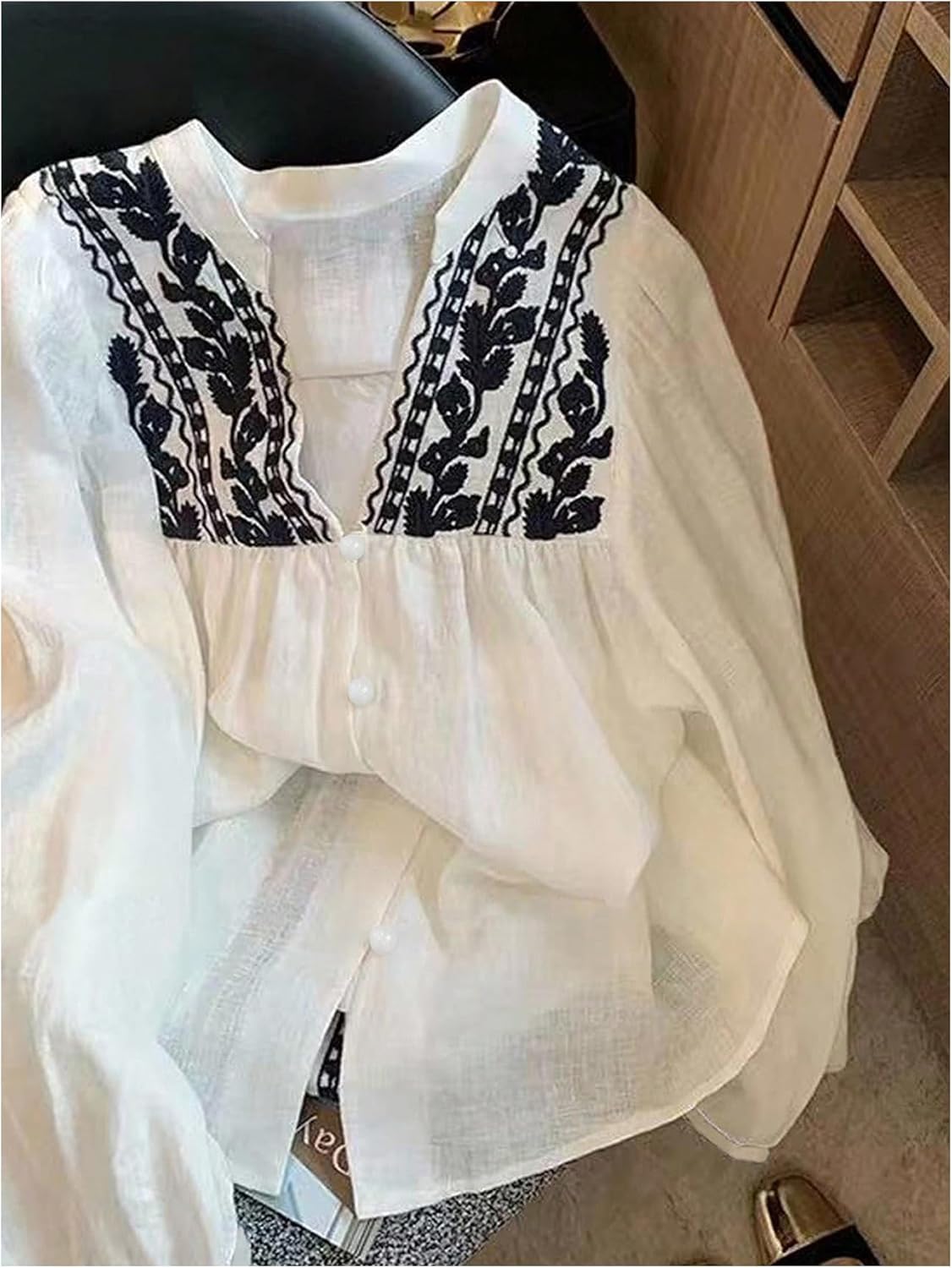 GORGLITTER Women's Boho Peasant Blouses Embroidered Tops Sheer Long Sleeve Button Up Shirts Casual Going Out Outfits - Image 3