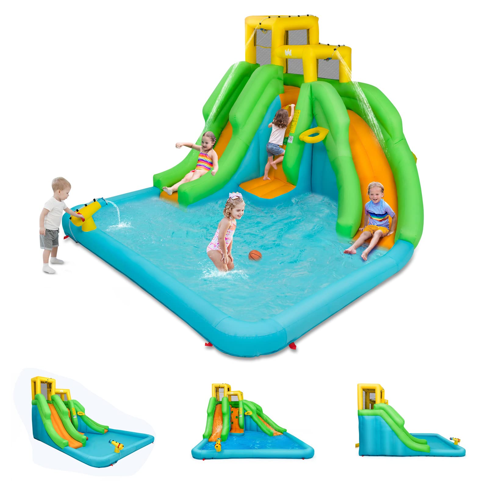 GOPLUS Castillo Hinchable para Niños, Hinchable Grande con Tobogán y Trampolín, Toboganes & Piscina, Pared de Escalada, Infantil Inflable, Adecuado de 3 a 10 Años, ‎‎400 x 360 x 255 cm