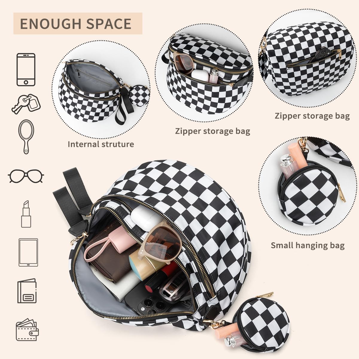Checkered Crossbody Bag for Women，Spacious Nylon Bum Bag Checkered Handbags Wallets Oversized Slouchy Bag - Image 3