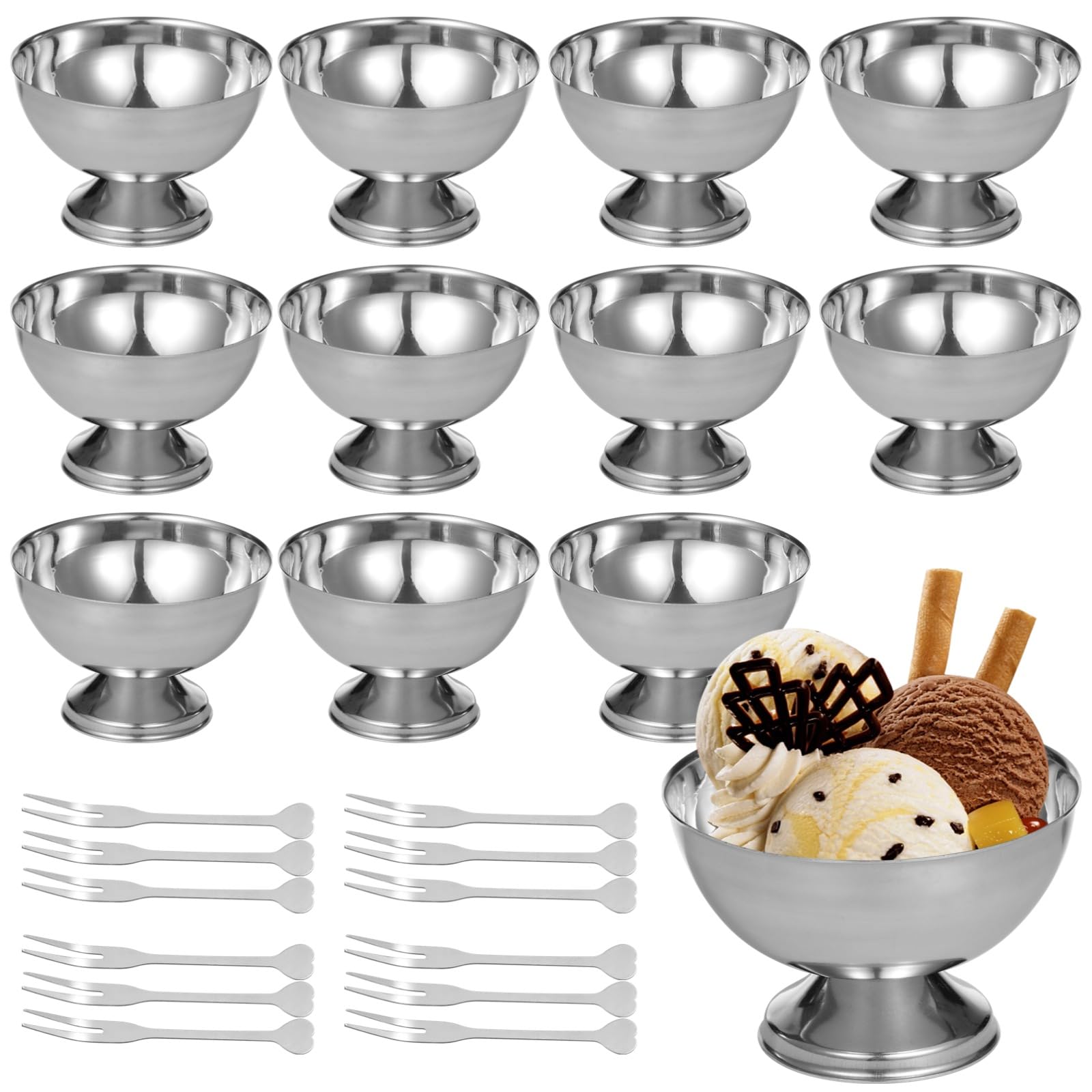 Photo 1 of Skdqiee Stainless Steel Ice Cream Cup, 200ml Stainless Steel Ice Cream Bowl with Forks, 12 Pcs Silver Ice Cream Bowls, Silver Coupe Glasses for Sundae Fruit Ice Cream Pudding Sauce, Dishwasher Safety