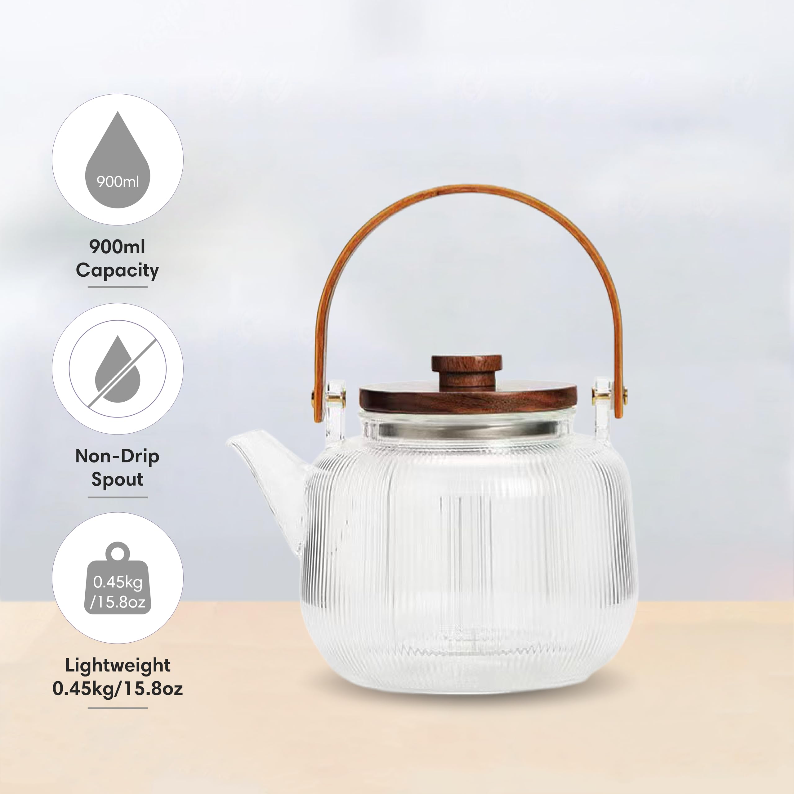 Charbrew 900 ml klare Glas-Teekanne mit Teesieb, geripptes Borosilikatglas, Holzdeckel und Griff, für losen Tee, Teebeutel und blühenden Tee, für 4 Tassen
