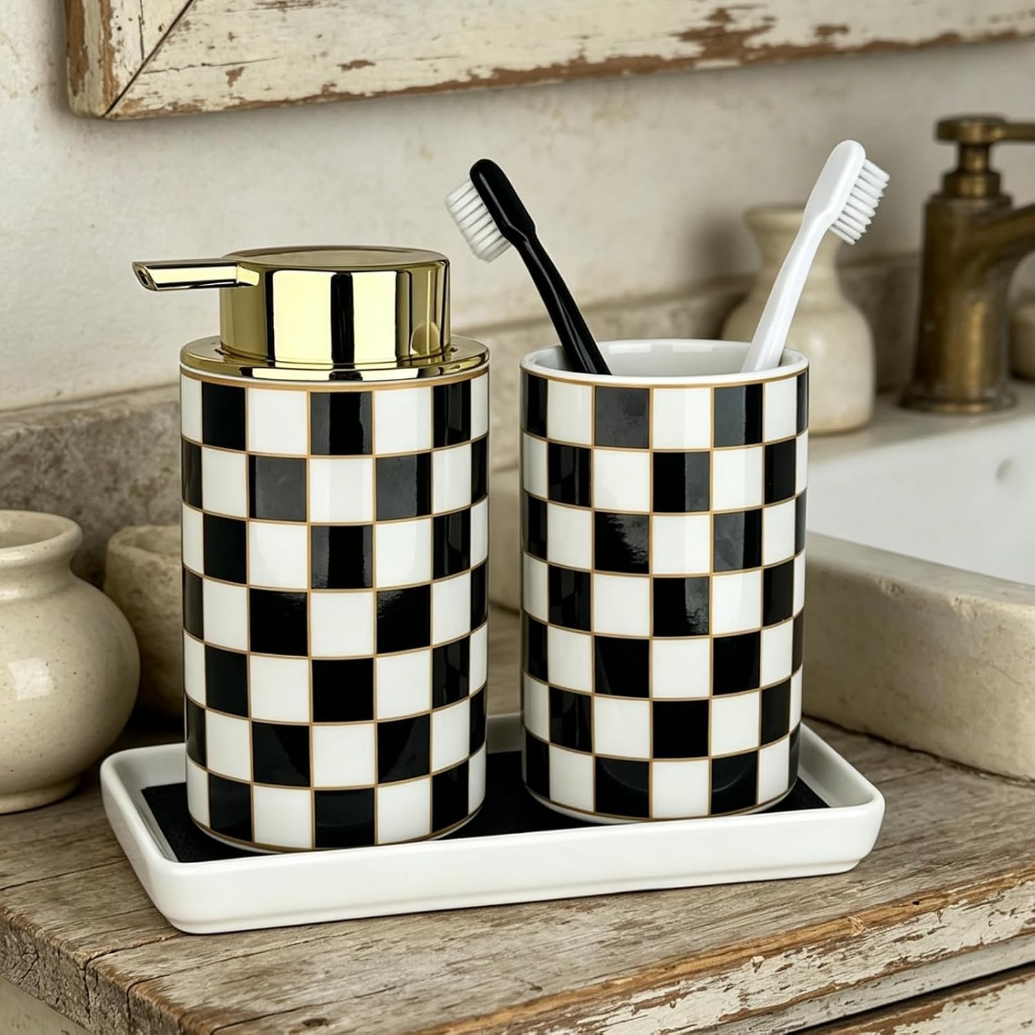 Black Gold Checkered Bathroom Accessories Set - Ceramic Soap Dispenser and Toothbrush Holder with Tray, Modern Black White Decor Lotion Dispenser for Bathrooms Kitchen Guest Room, Housewarming Gift