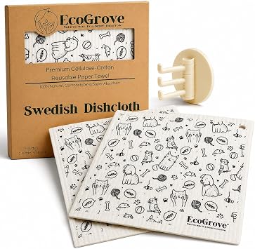 Swedish Dishcloths 2 Pack with Drying Hook, Reusable Paper Towels Washable, Cellulose Cotton Kitchen Cleaning Cloths, Highly Absorbent, Non-Scratch, Dishwasher Safe, Home Companions