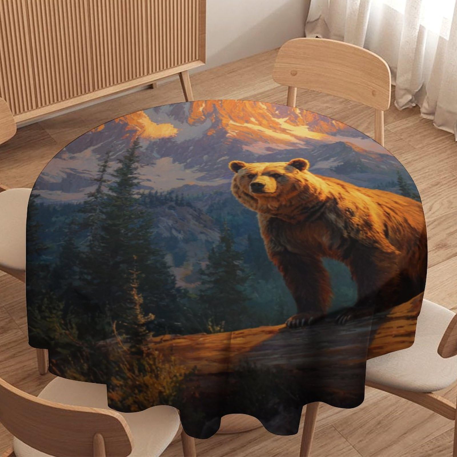 LUYYSKY Funny Abstract Animal Bear Round Tablecloth Vintage Watercolor Woodland Landscape Black Bear Print Washable Decor for Table Cover for Kitchen-152.4" Wx152.4 L cm