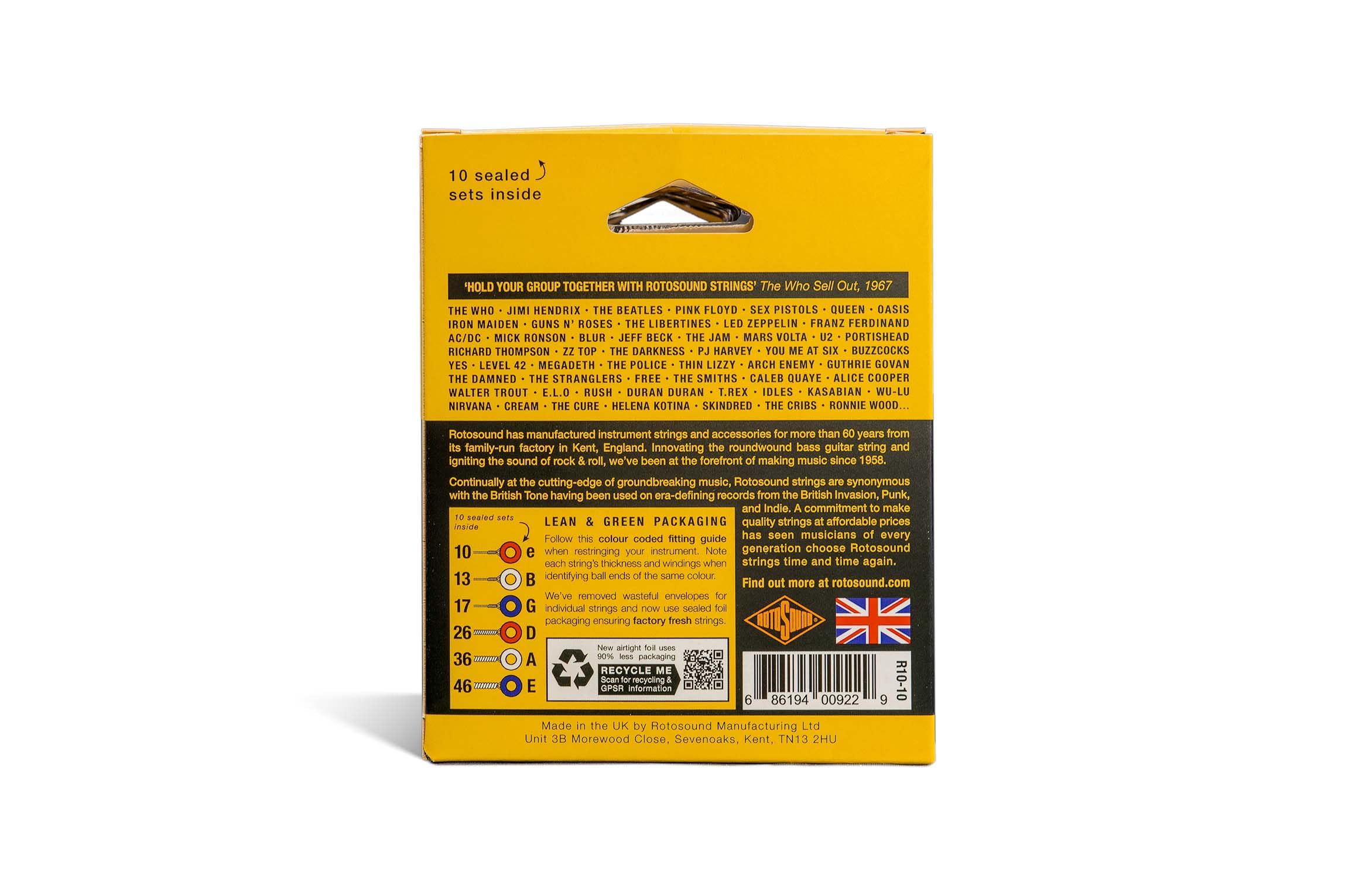 Rotosound R10-10 (Roto Yellows) - Cuerdas para guitarra eléctrica, paquete de 10