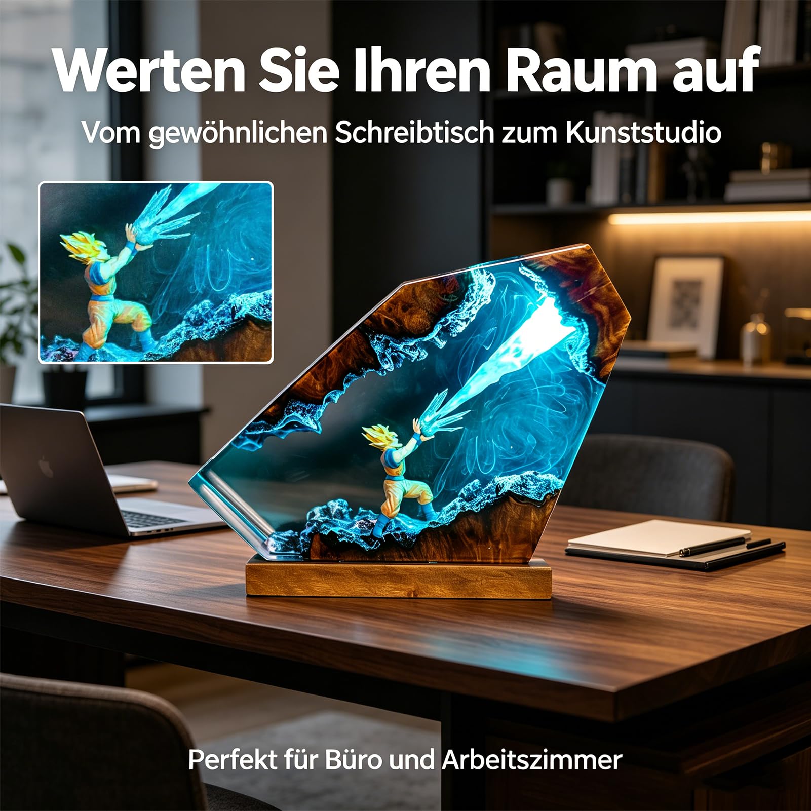 Harzlampe,Nachttischlampe,3D Harz Saiyajin Goku Figuren Nachtlicht,mit USB Kabel mit Holzsockel,LED-Leuchten aus Epoxidharz,Desktop Dekoration für die Dekoration von Zuhause und Büro (stil-2,8*5in)
