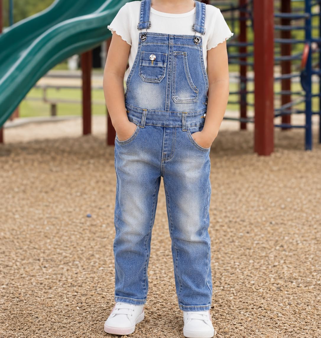 KIDSCOOL Big Girls Denim Overalls Kids Washed Jeans Tweens Bib Jumpsuits | Big girls denim overalls, kids washed dark blue jeans jumpsuits, casual slim straight dungarees, school pants size 5 to 15t