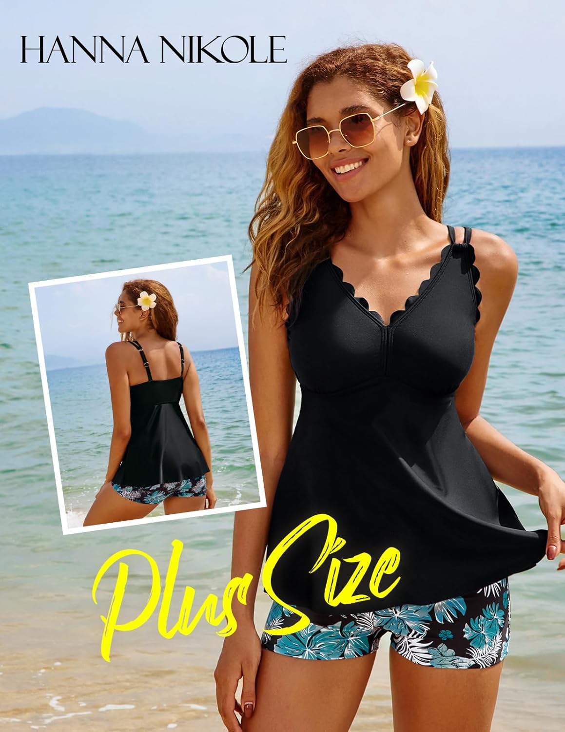 Hanna Nikole Tankini Swimsuits for Women Tummy Control Bathing Suits Scallop Trim V Neck Swim Suits with Shorts Plus Size - Image 5
