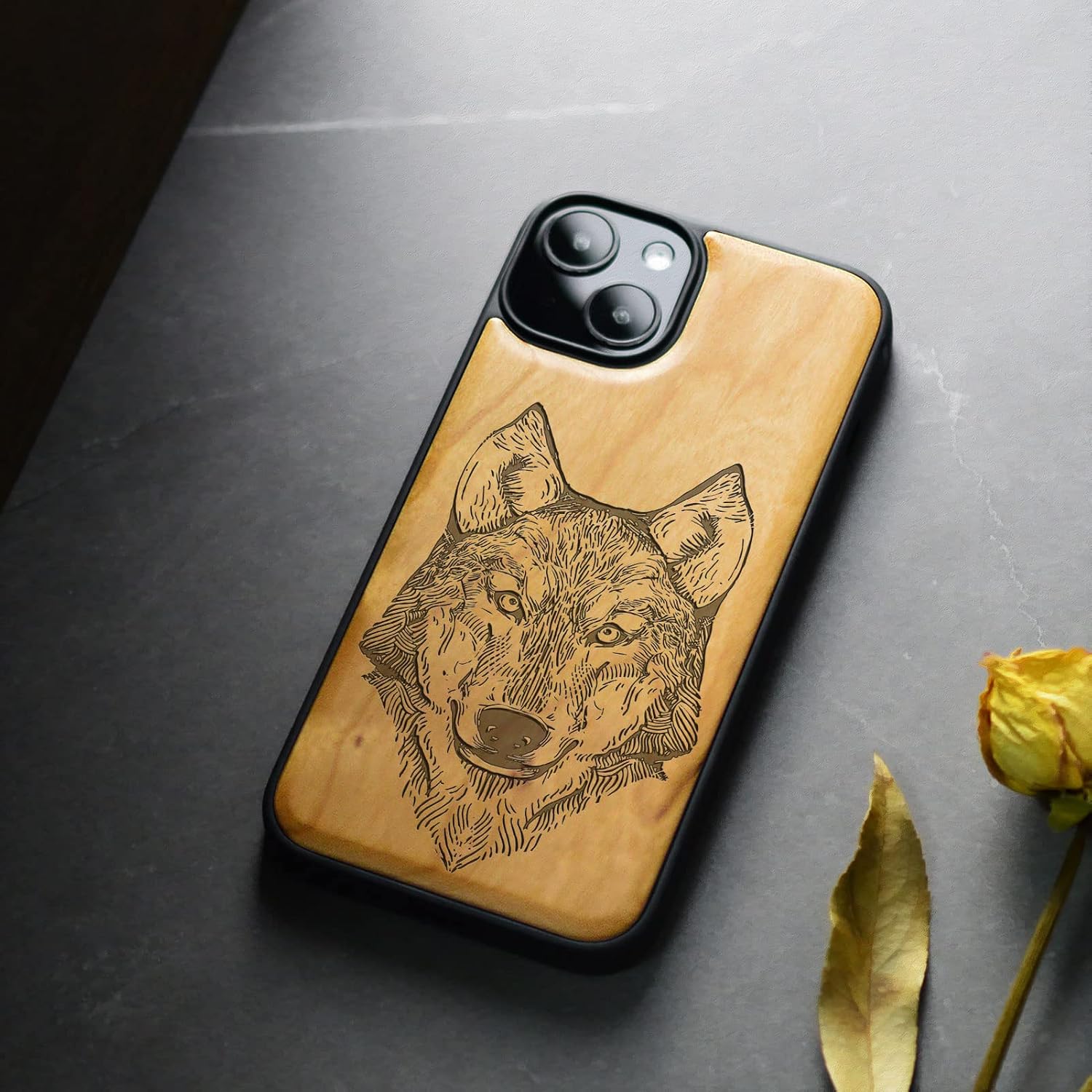 Carveit Magnetic Wood Case for iPhone 14 Case [Natural Wood & Black Soft TPU] Unique & Classy Wooden Shockproof Protective Cover Compatible with magsafe (Wolf Head -Cherry)