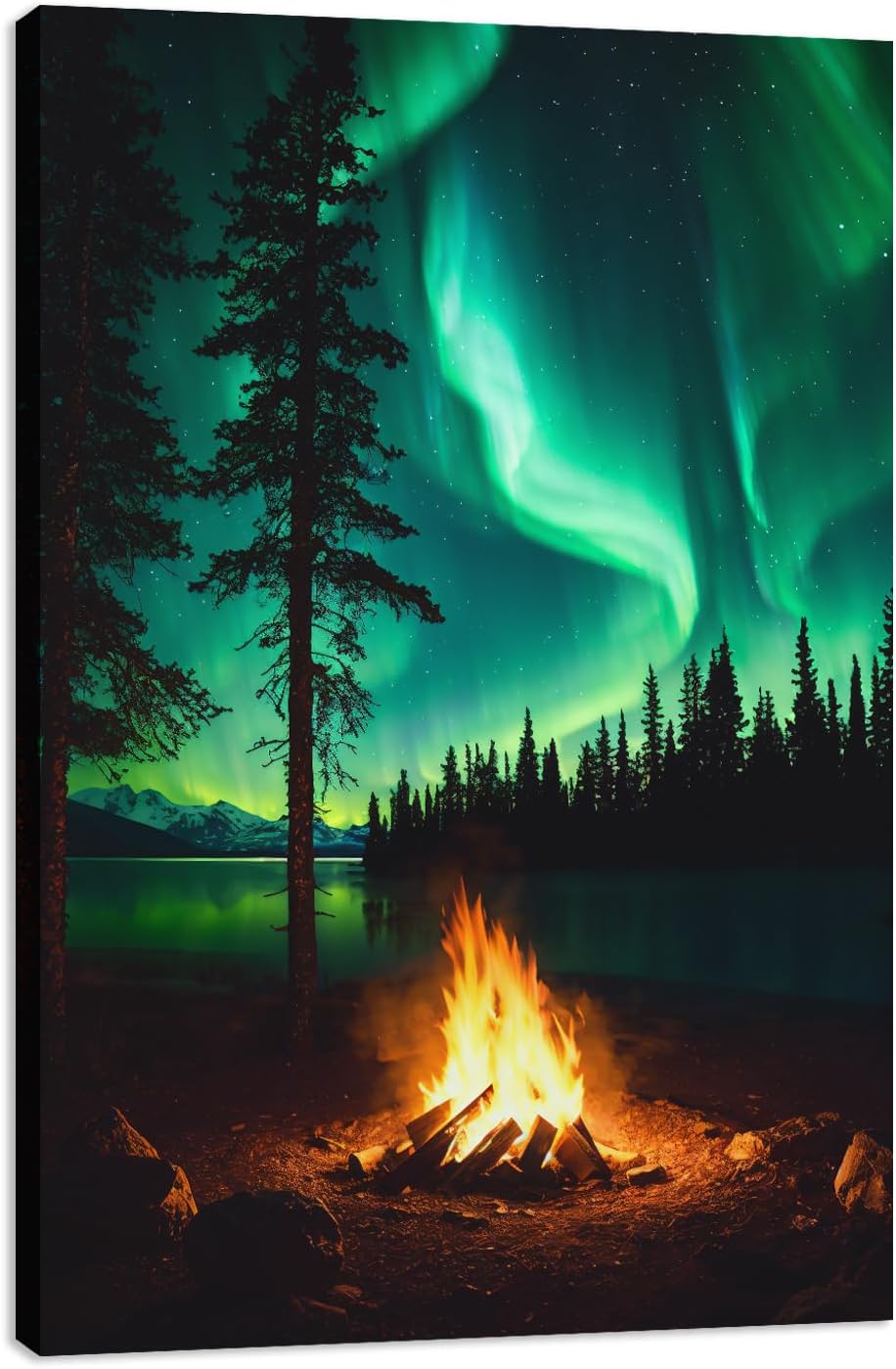 MODOJOART Aurora Canvas Wall Art, Trees Lake Fire Painting Print Aurora Borealis Picture Poster for Living Room Bedroom Decor(Artwork-01, 16"x24")