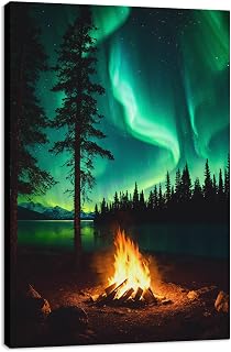 MODOJOART Aurora Canvas Wall Art, Trees Lake Fire Painting Print Aurora Borealis Picture Poster for Living Room Bedroom Decor(Artwork-01, 12"x18")