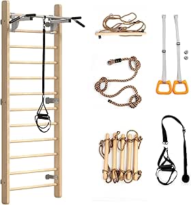 Swedish Ladder Wood Stall Bar – Wall-Mounted Home Gym For Kids & Adults With Pull-Up Bar & Accessories