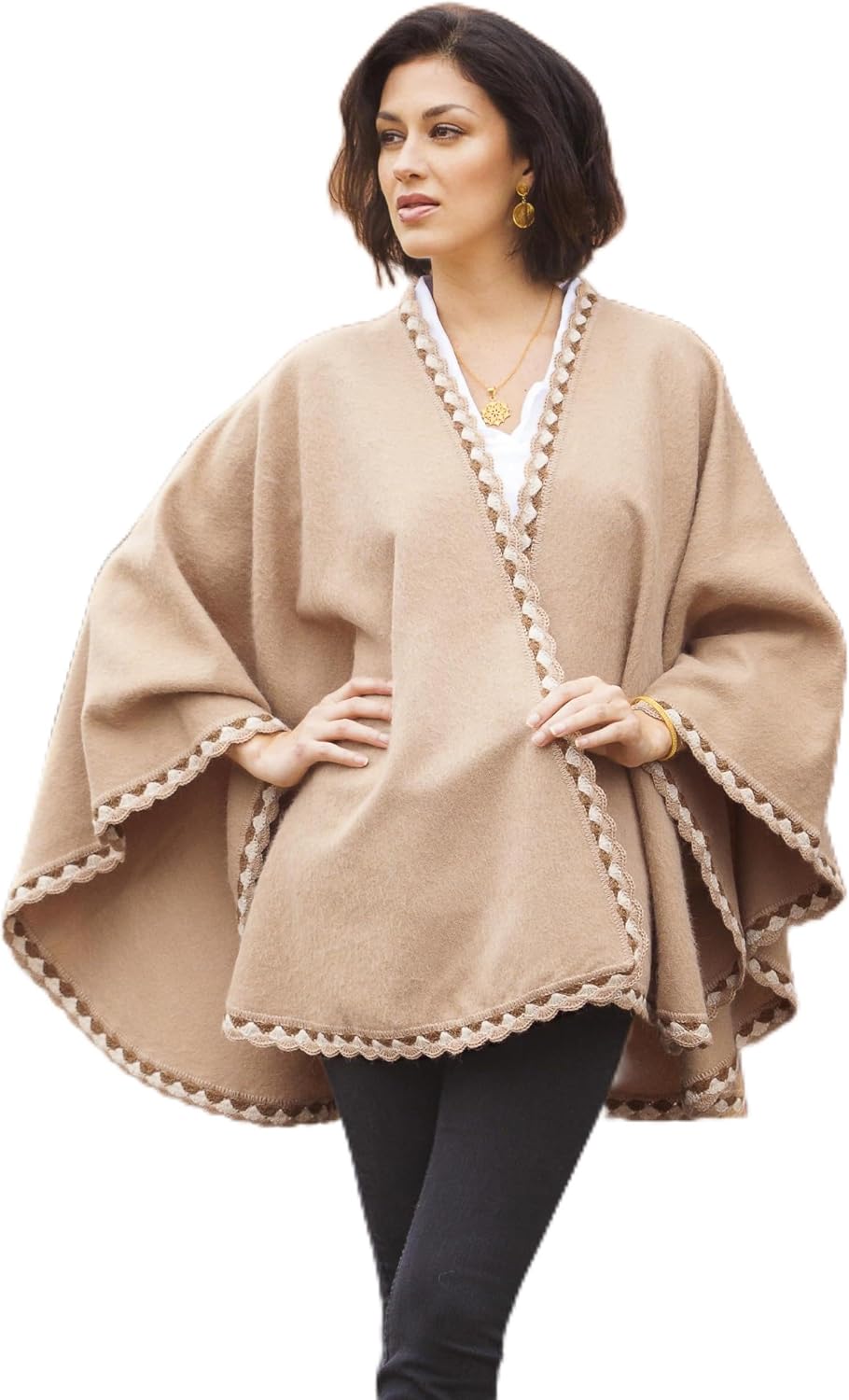 NOVICA Artisan Handmade Alpaca Blend Ruana in Caramel from Peru Wool Clothing Wraps Ruanas Brown Solid ' Cozy Holiday in Caramel'