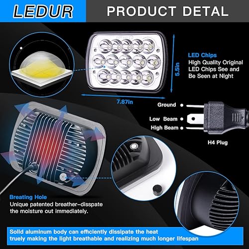 Miniatura 2 de Faros delanteros LED de 4 x 6 pulgadas, bombillas rectangulares de 4 x 6 pulgadas, 4 unidades, 45 W, haz de sello HiLo, universal para H4651 H4642