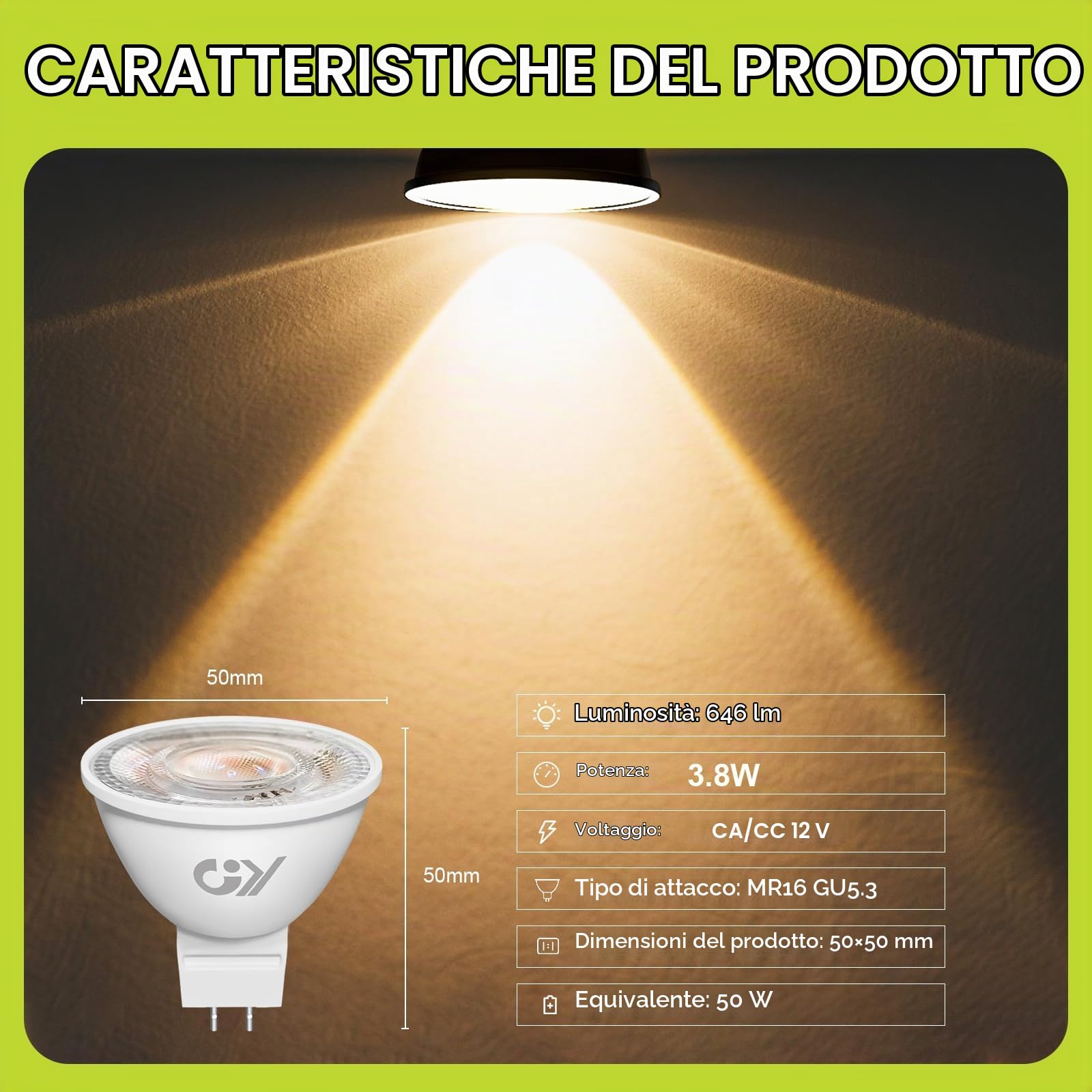 GY Lampadine LED GU5.3 MR16 12V 3.8W, 4000K Bianco Naturale, 646 Lumen, Angolo 36°, Non Dimmerabile, Faretto Interni, Lampada LED a Risparmio, 12 Pezzi