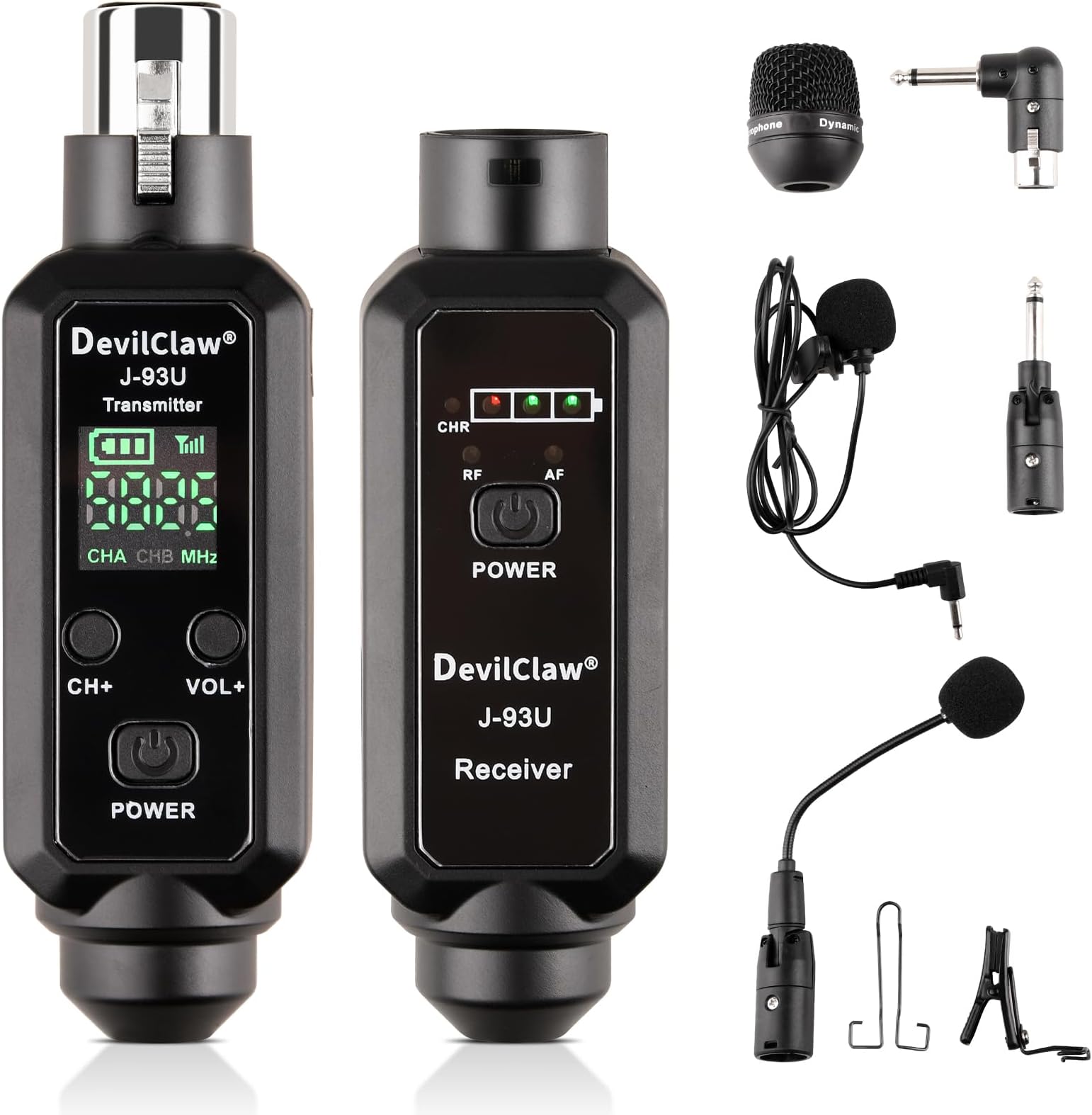 Devilclaw Multifunctional UHF Wireless XLR Adapter System,Transmitter & Receiver for Dynamic Microphones Guitar Mixer PA System, 16 Adjustable Frequencies, USB Charge, 250ft Range (XLR Adapter System)