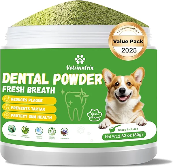 Vetriuntrix Dog Teeth Cleaning Powder, Dog Dental Powder for Teeth Cleaning and Dog Breath Fresh for Dogs with Probiotic & Tartar Remover, Plaque Off Dog Tooth Cleaning (80g)