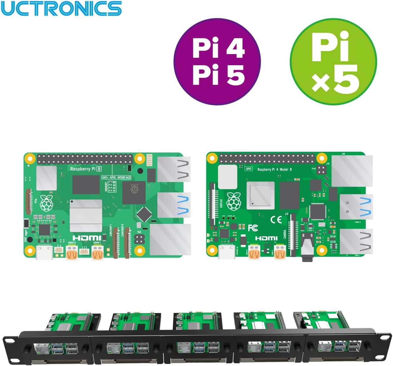 UCTRONICS 19" 1U Carbon Steel Raspberry Pi Rack Mount, Holds Up to 5 Raspberry Pi 5/4B/3B+ Boards, Removable Front Brackets, Compatible with 2.5" SSDs