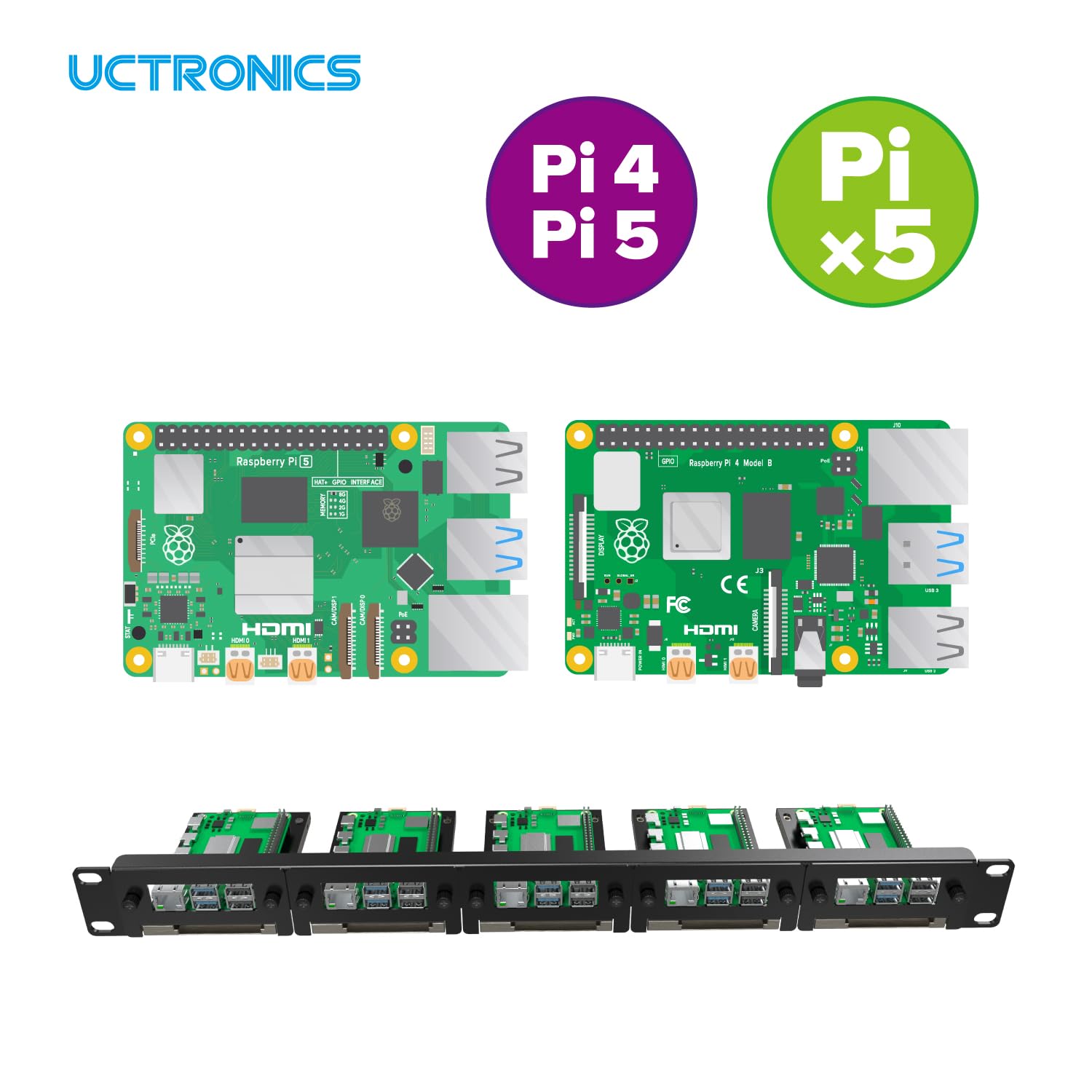 UCTRONICS Supporto rack Raspberry Pi in acciaio al carbonio 19" 1U, può contenere fino a 5 schede Raspberry Pi 5/4B/3B+, staffe frontali rimovibili, compatibile con SSD da 2,5"