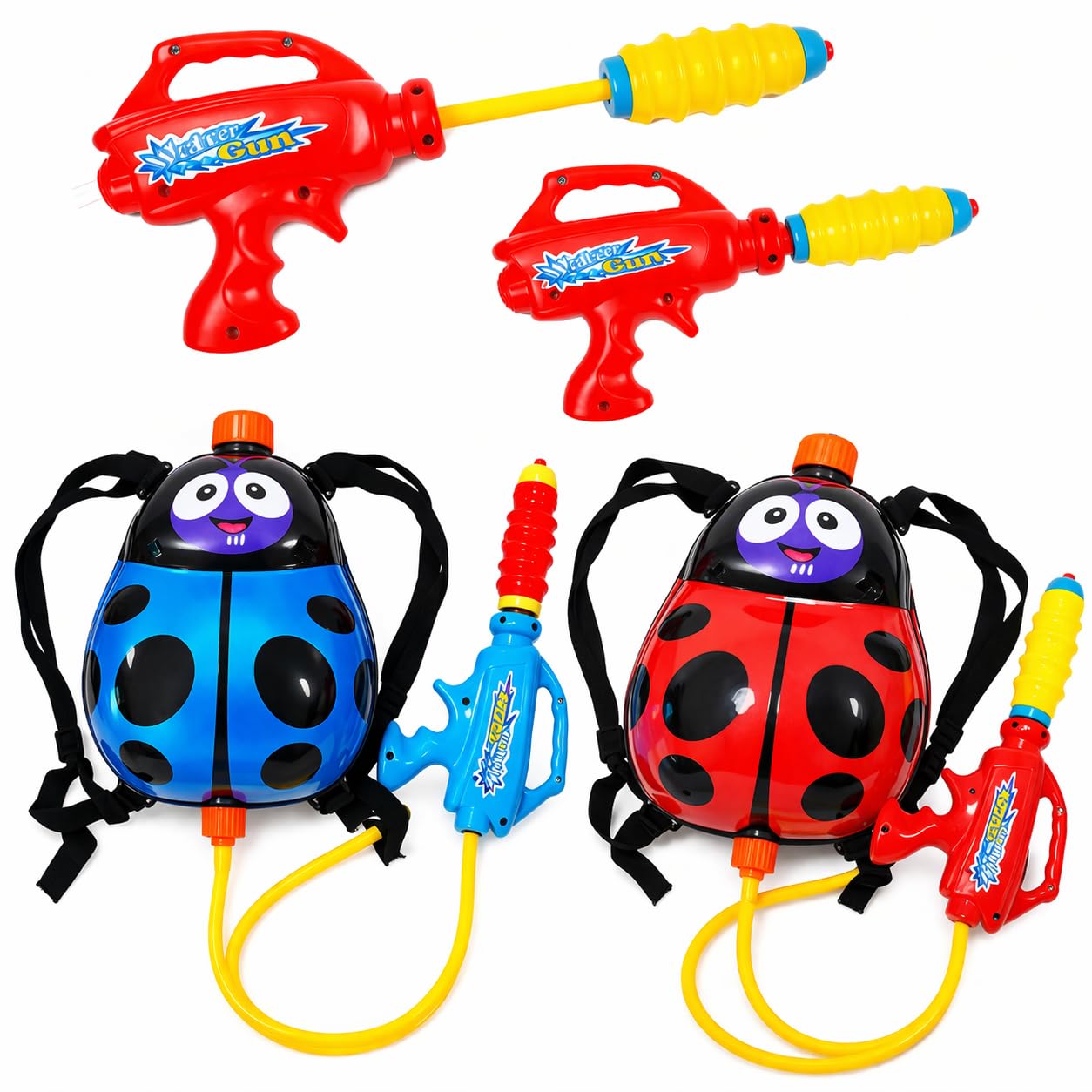 Kids Water Gun Backpack Set, Ladybird Design, Super Soaker Blaster, for Ages 3-8 Years, Summer Pool Garden Toy