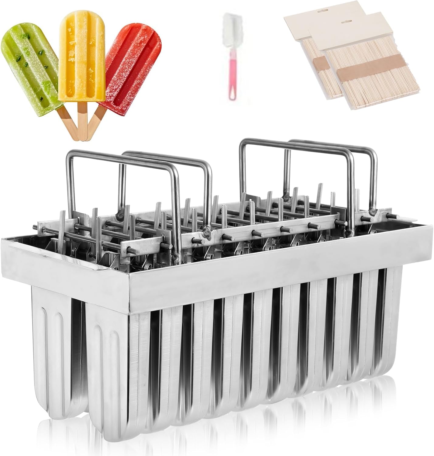 Stainless Steel Ice Cream Mold, 20-Cavity Ice Pop Maker with Lid & Stand, Reusable Popsicle Molds for Homemade Frozen Treats, Includes 100 Bamboo Sticks & Cleaning Brush - Silver
