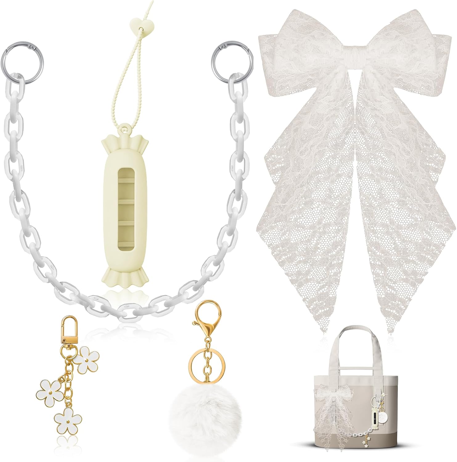 5PCS Tote Bag Accessory Set, Decorative Bow, Candy Lipstick Holder, Flower Charms & Acrylic Chain & Pom Pom Ball Compatible with YETI Camino 20/35/50 Carryall, Bogg Bag Charms for Women