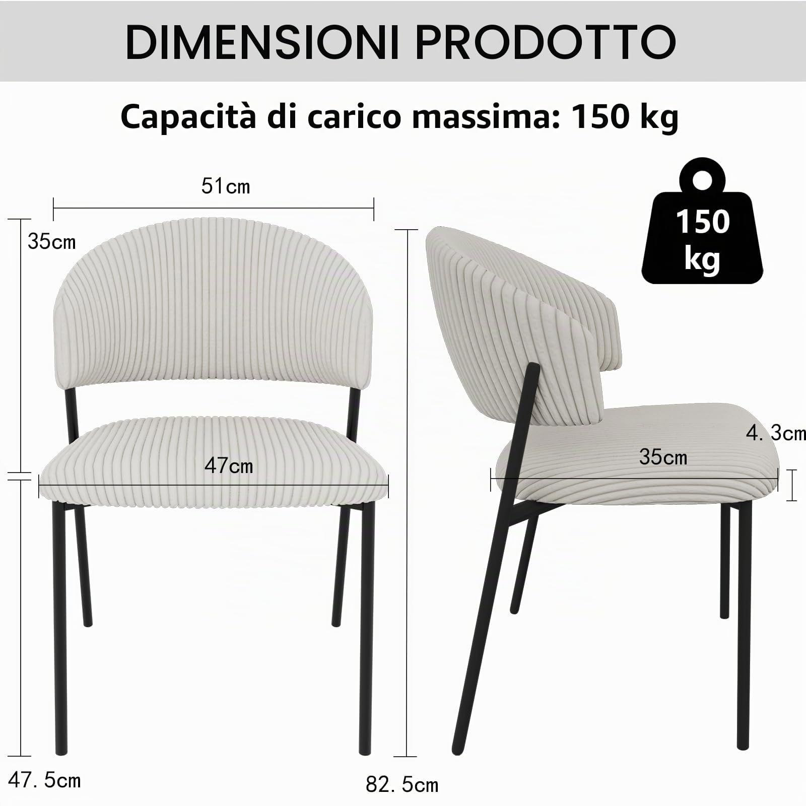 JIEXI Set di sedie da pranzo in velluto a coste imbottite, con schienale curvo, gambe in metallo in acciaio al carbonio, piedini antiscivolo, portata 150 kg